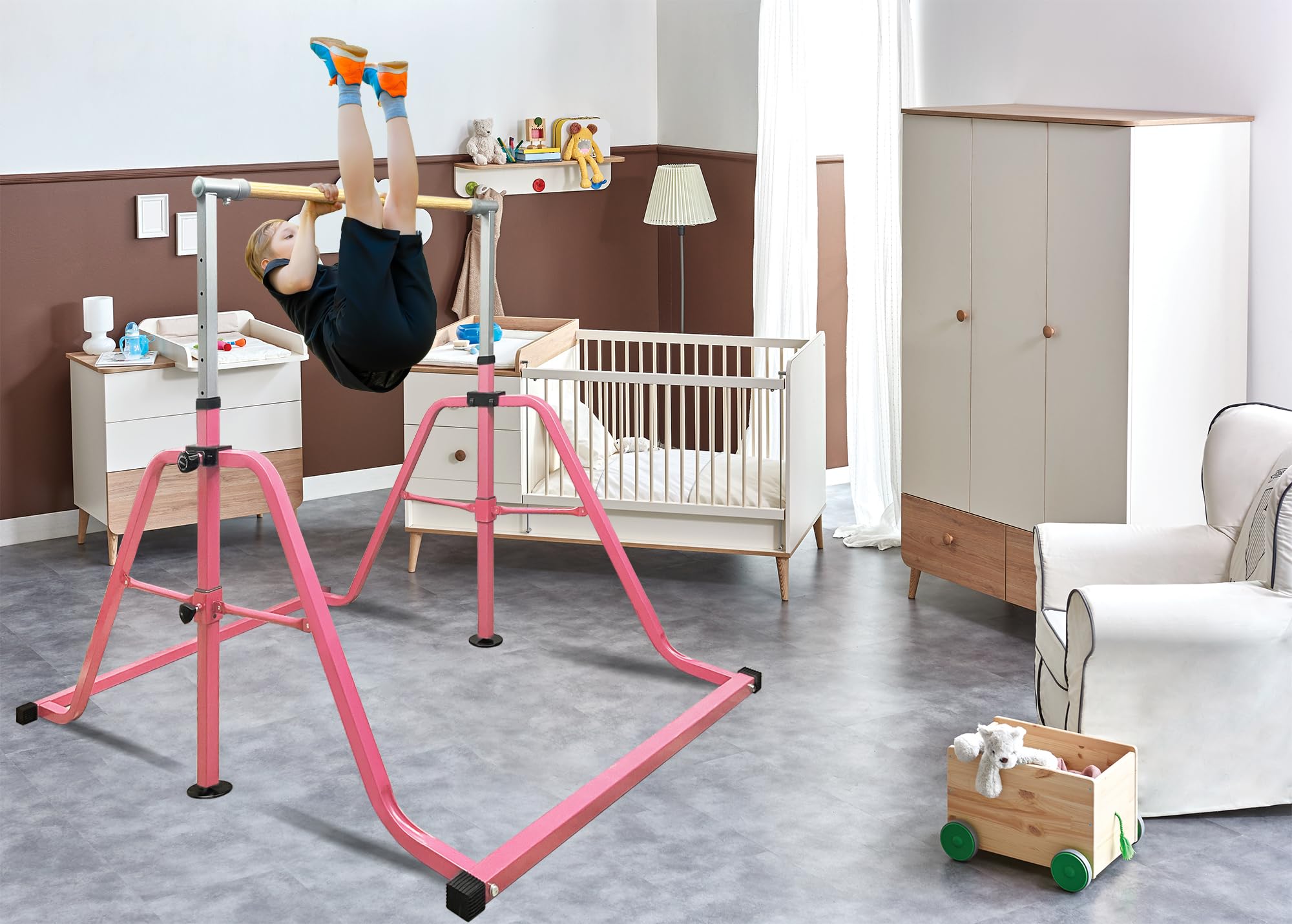 Foldable & Moveable Gymnastics Horizontal Bar with Rings,3’to 5’Adjustable Height Expandable Junior Kip Bar for Home,Indoor Gym Equipment for Kids