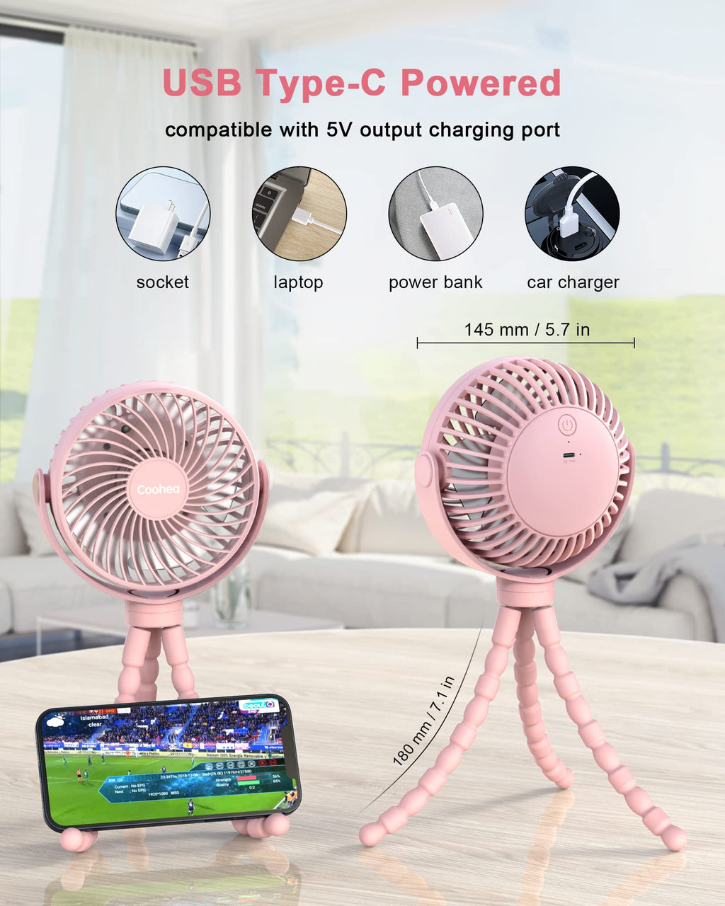 Coohea Stroller Fan Clip on for Baby, 4000mAh Rechargeable Battery Operated, Flexible Tripod, 3 Wind Speed, 360° Rotatable, Small Cooling Portable Fan for Car Seat Crib Golf Cart Bike Treadmill, Black