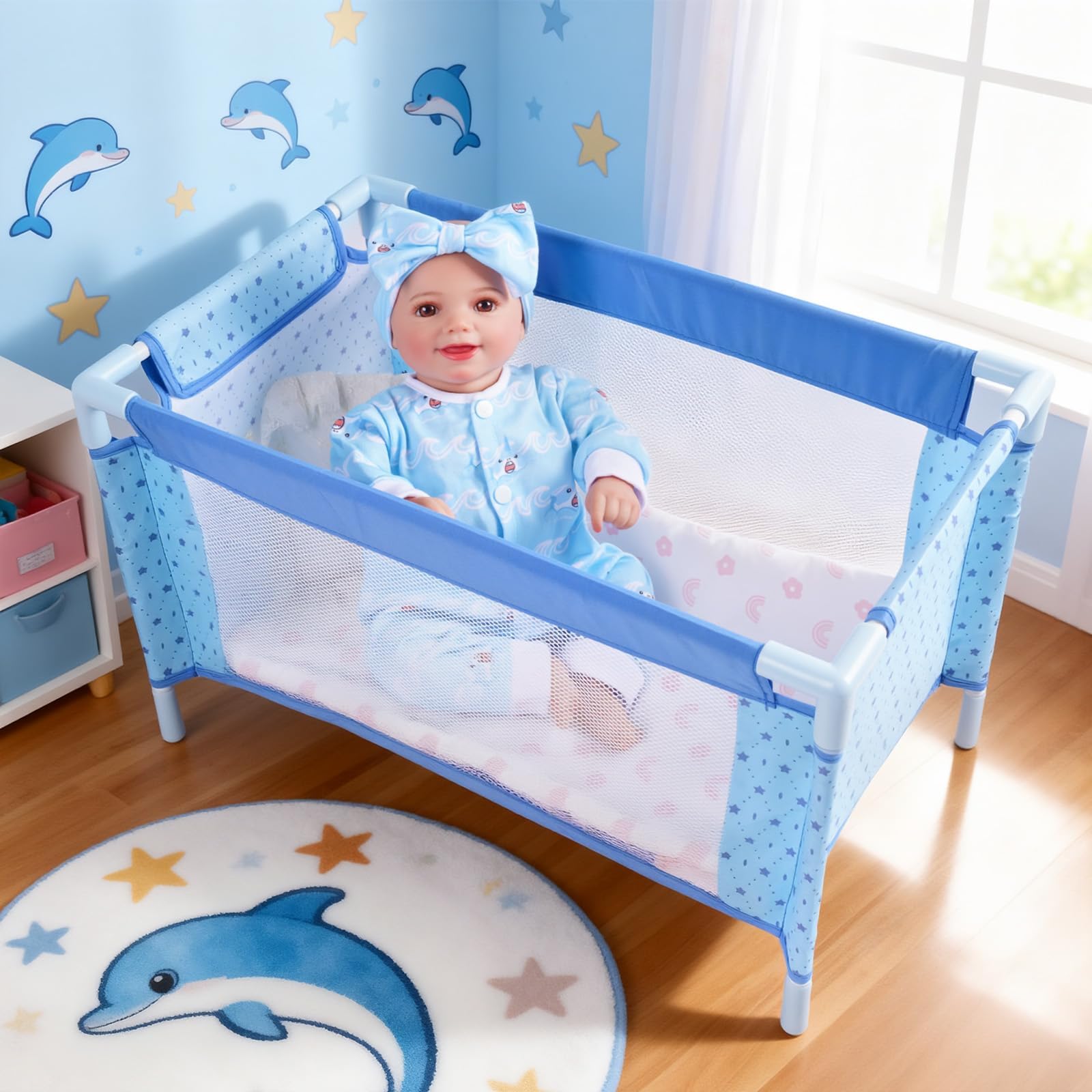 BABESIDE Baby Doll Crib Set for 18 Inch Dolls, Baby Doll Bed Playpen Toy Crib with Storage Bag for Reborn Baby Doll Accessories