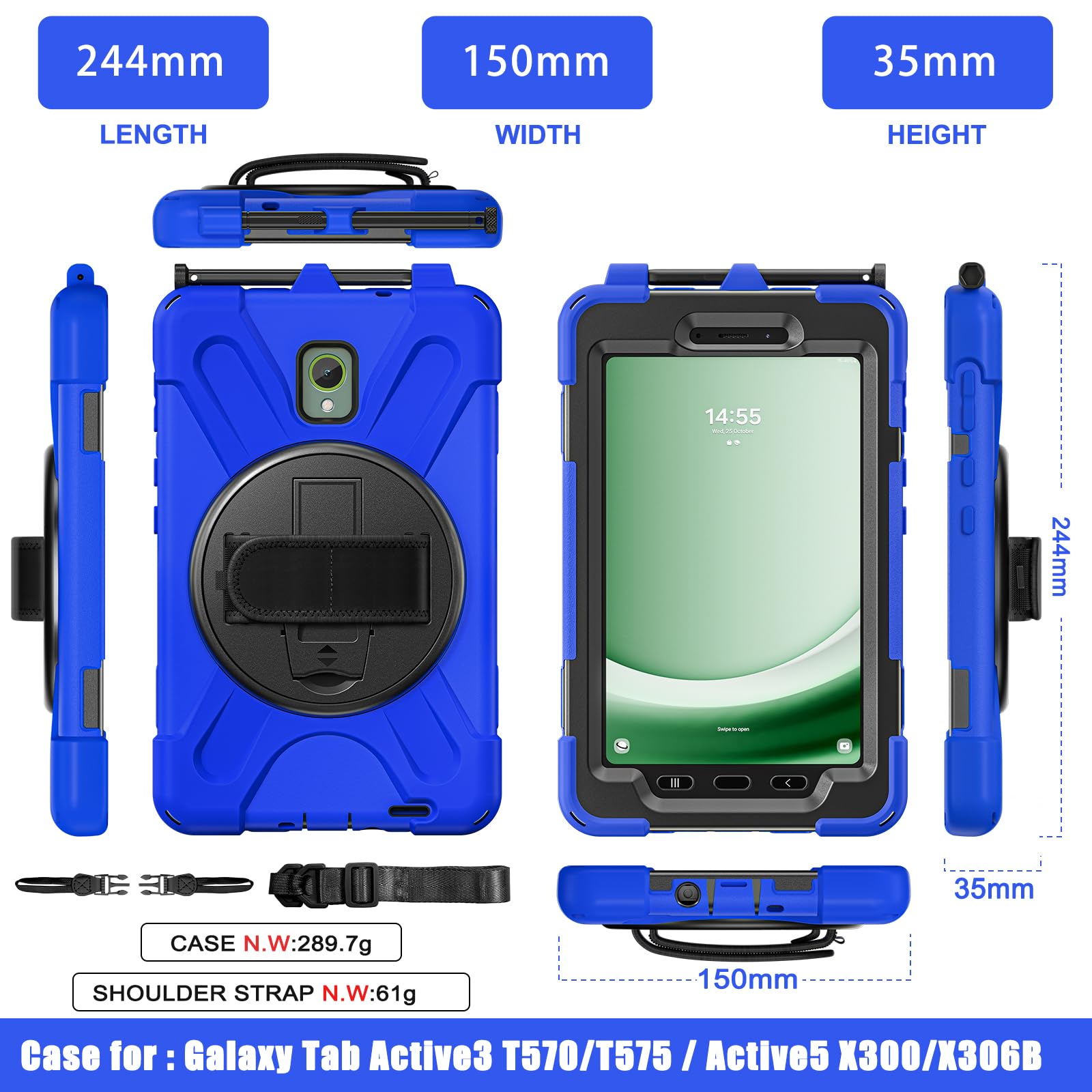 Samsung Galaxy Tab Active5/Active 3 8.0 Case, with 360 Stand, Handle Hand Strap & Shoulder Strap for Galaxy Tab Active5 8" 2024 X300/X307, Active3 8" 2020 T570/T575/T577 (Black)