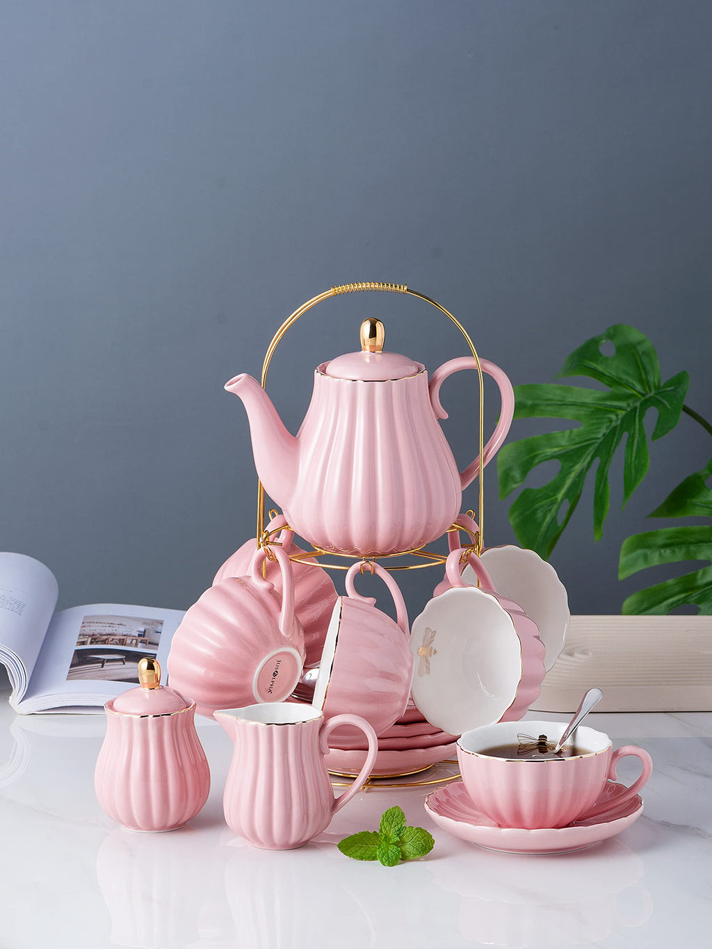 Jusalpha Serve for 6- Fine China Pink Coffee Cup/Teacup Set, 8 OZ Cups& Saucer, with Teapot-Sugar Bowl-Cream Pitcher Teaspoons and tea strainer for Tea/Coffee (Lavender, Serve of 6)