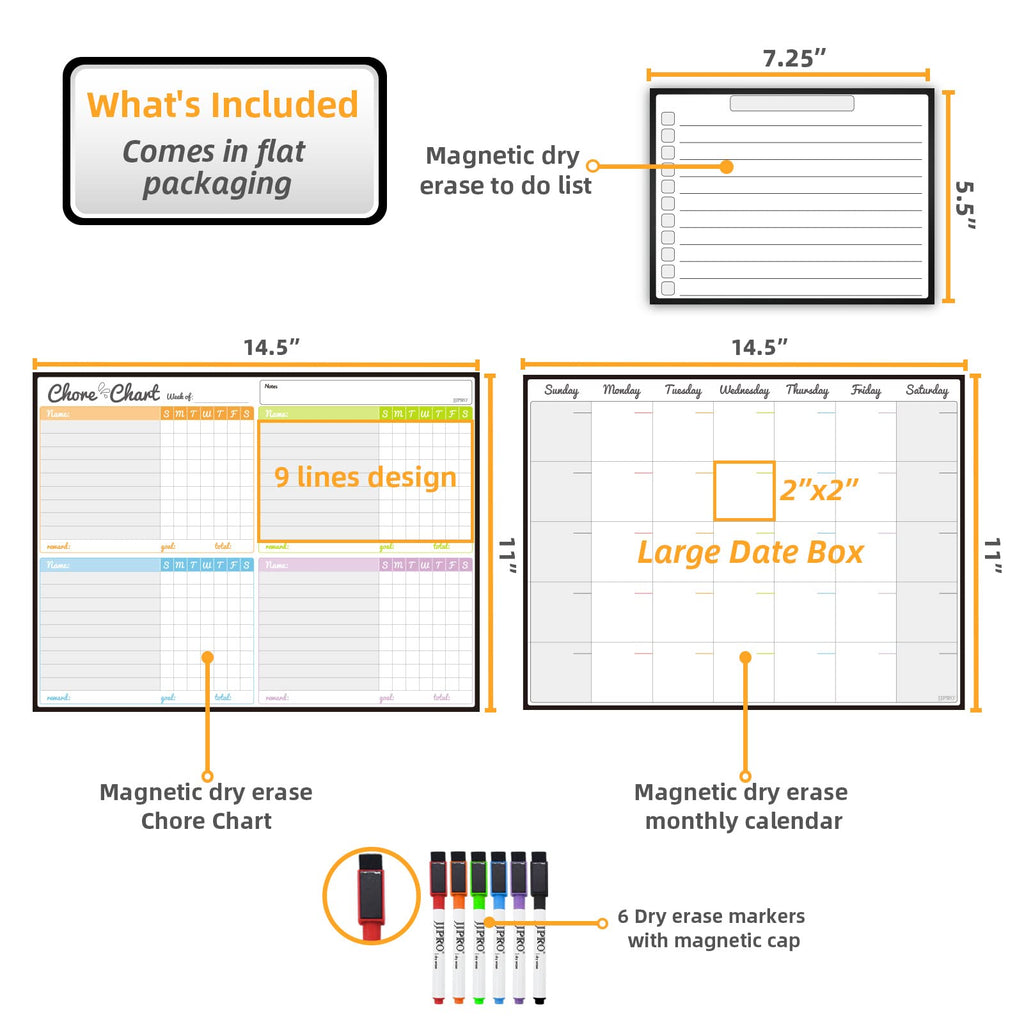 JJPRO Magnetic Dry Erase Chore Chart Set for Fridge-Used for Multiple Kids-One Chore Chart and Two Bonus Dry Erase Pad/Grocery Boards-Behavior Chart for Multiple Kids