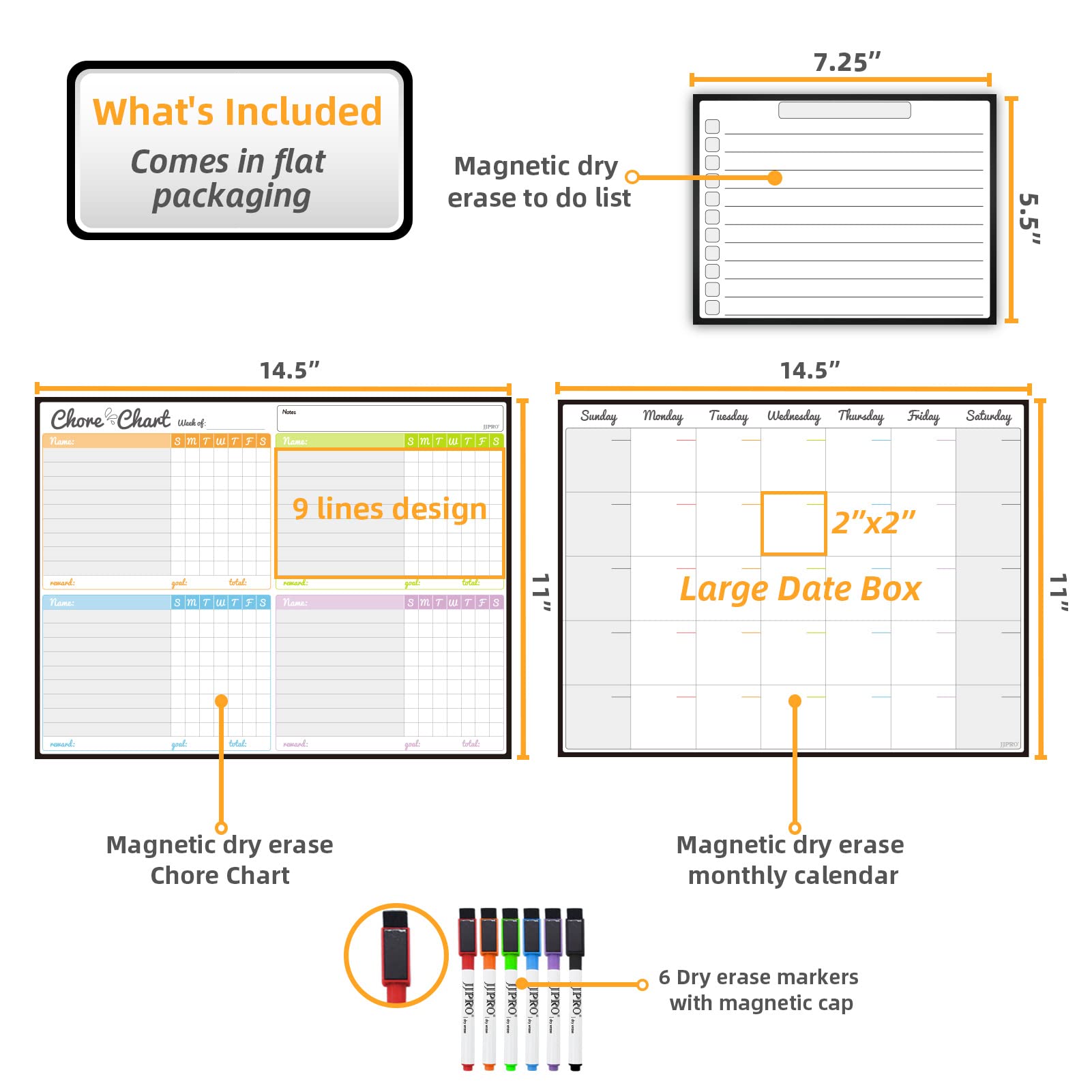 JJPRO Magnetic Dry Erase Chore Chart Set for Fridge-Used for Multiple Kids-One Chore Chart and Two Bonus Dry Erase Pad/Grocery Boards-Behavior Chart for Multiple Kids