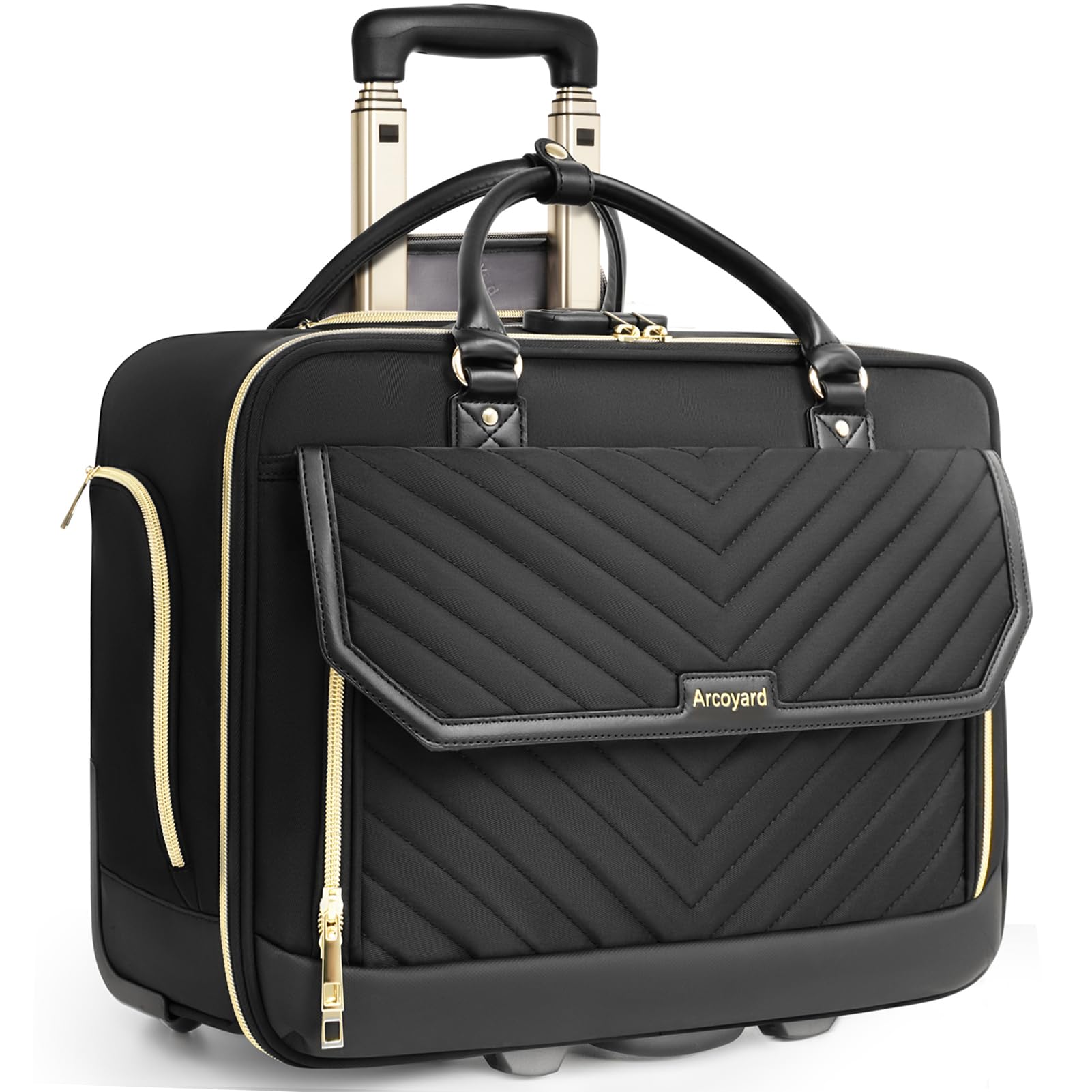 Rolling Laptop Bag for Women with 4 Spinner Wheels, 17 Inch Rolling Briefcase for Women with Lock, Waterproof Rolling Computer Bag with 11 Pockets & Padded Laptop Sleeve for Work Travel, Black