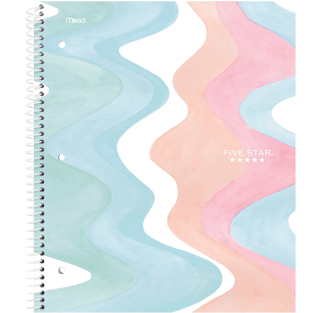 Five Star Spiral Notebook + Study App, 2 Pack, 1 Subject, Wide Ruled, 8" x 10-1/2", 80 Sheets, Fights Ink Bleed, Water Resistant Cover, Pastel Waves and Brush Strokes (930210F-ECM)