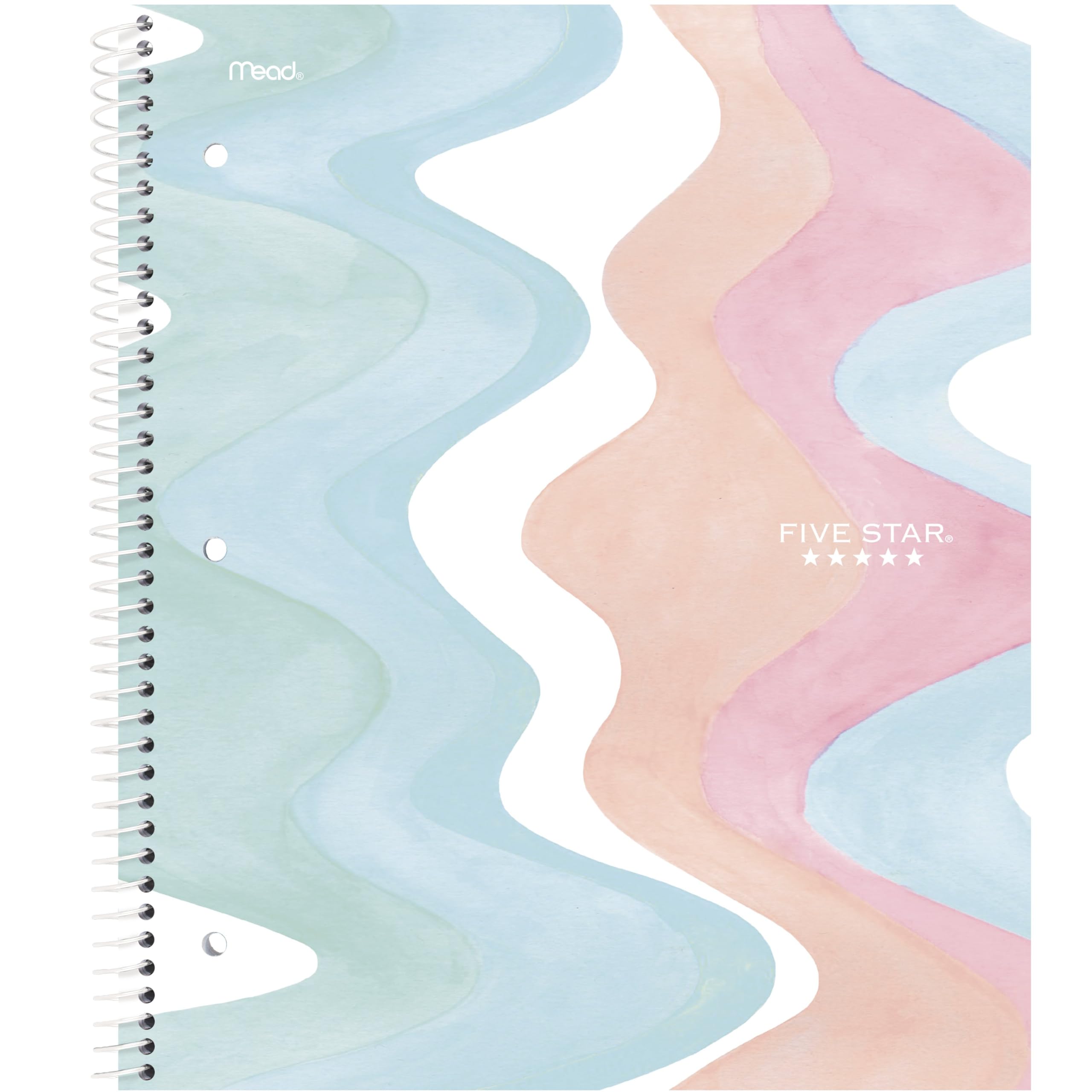 Five Star Spiral Notebook + Study App, 2 Pack, 1 Subject, Wide Ruled, 8" x 10-1/2", 80 Sheets, Fights Ink Bleed, Water Resistant Cover, Pastel Waves and Brush Strokes (930210F-ECM)