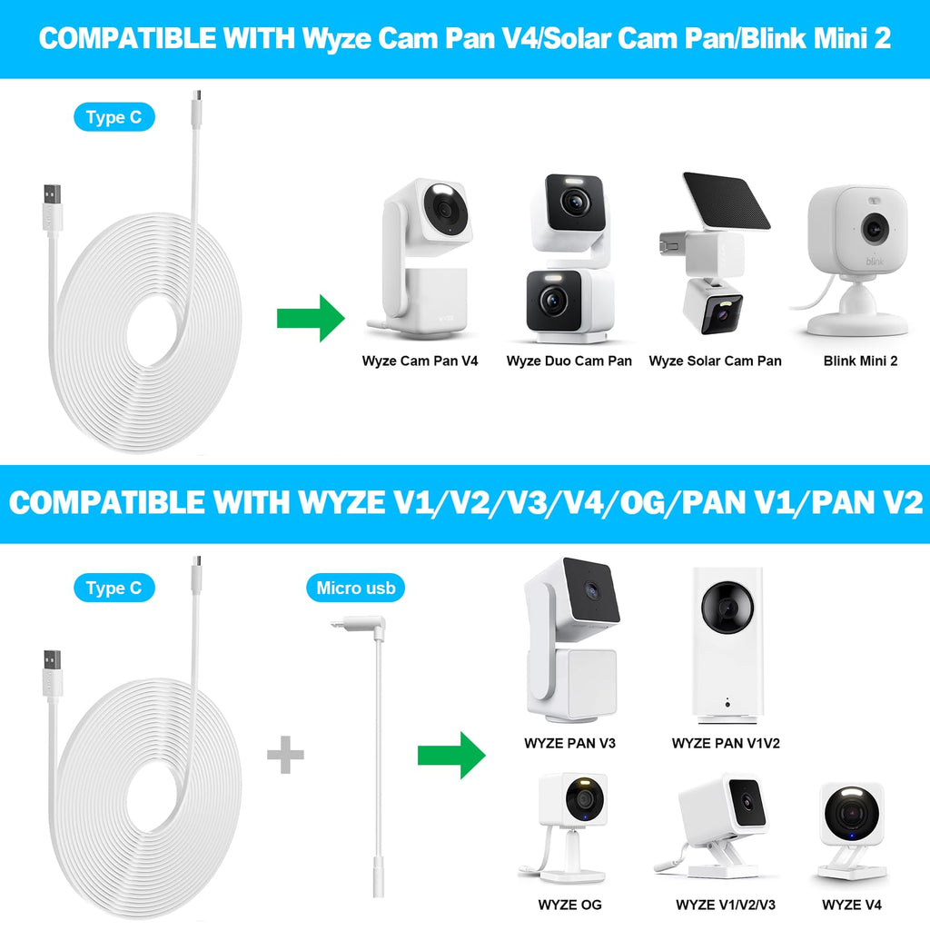 2 Pack 10FT Power Extension Cable Compatible with Wyze Cam v4/v3/OG,Wyze Cam Pan v3/v4,Blink,eufy,NestCam Indoor,Amazon Cloud Camera,USB A to USB C (Black)