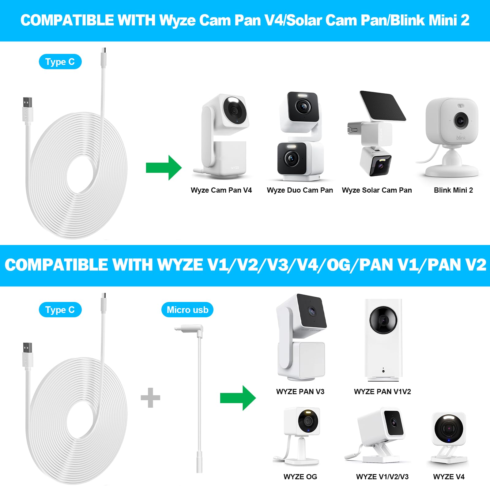 2 Pack 10FT Power Extension Cable Compatible with Wyze Cam v4/v3/OG,Wyze Cam Pan v3/v4,Blink,eufy,NestCam Indoor,Amazon Cloud Camera,USB A to USB C (Black)