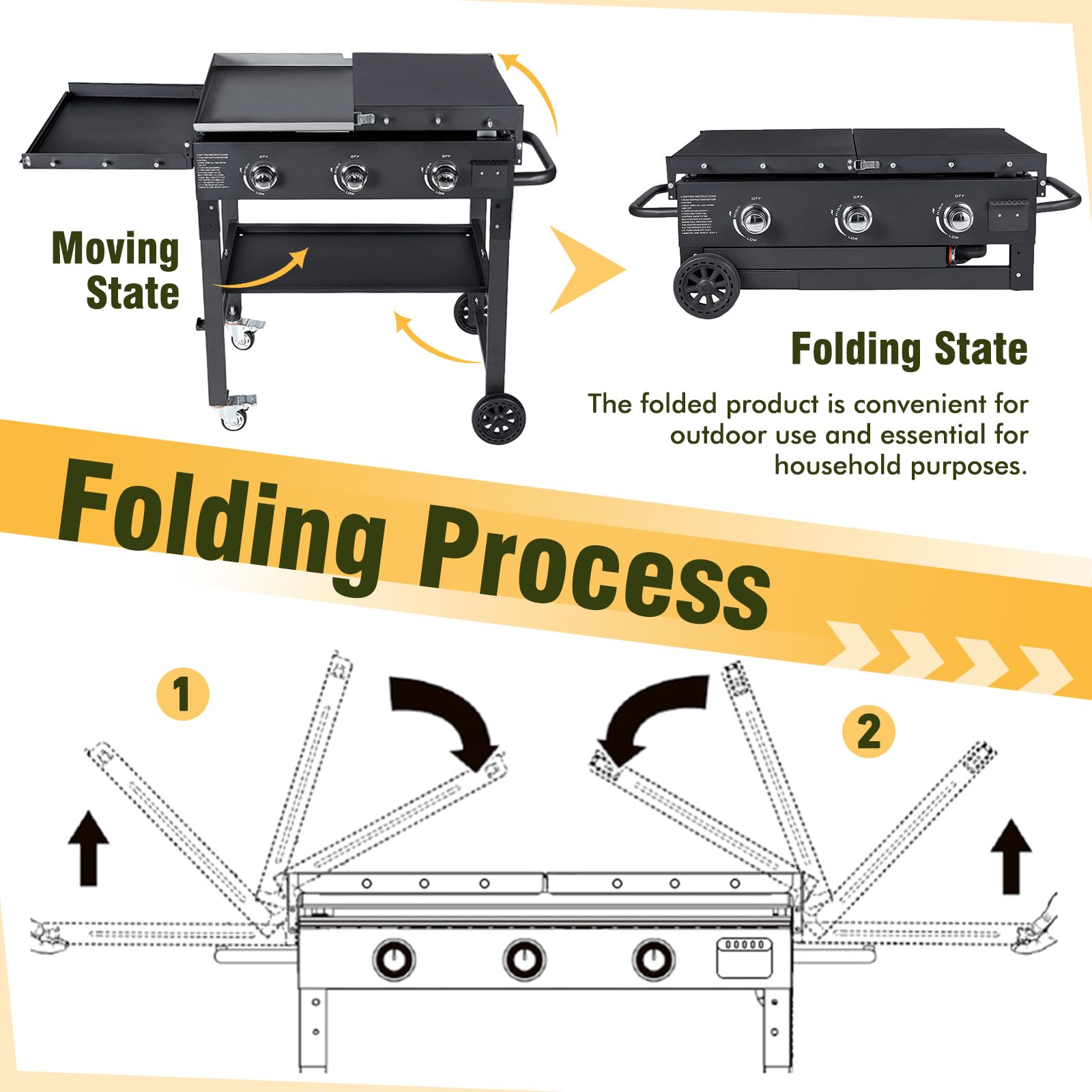 BESTFIRE Foldable Flat Top Grill, Outdoor Griddle-3 Burner Propane Griddle with Two Foldable Shelves,36" Flat Grills Outdoor-45,000 BTU Gas Grill for BBQ& Outdoor Cooking,Black