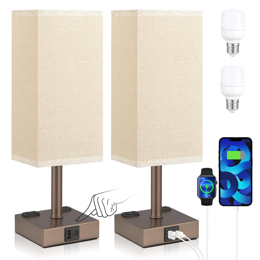 aooshine Set of 2 Touch Nightstand Lamp with USB-C+A Charge Ports& AC Outlets, 3-Way Dimmable Bedside Lamp with White Fabric Shade,Small Table Lamp for Bedroom Guest Room(Bulb Included)