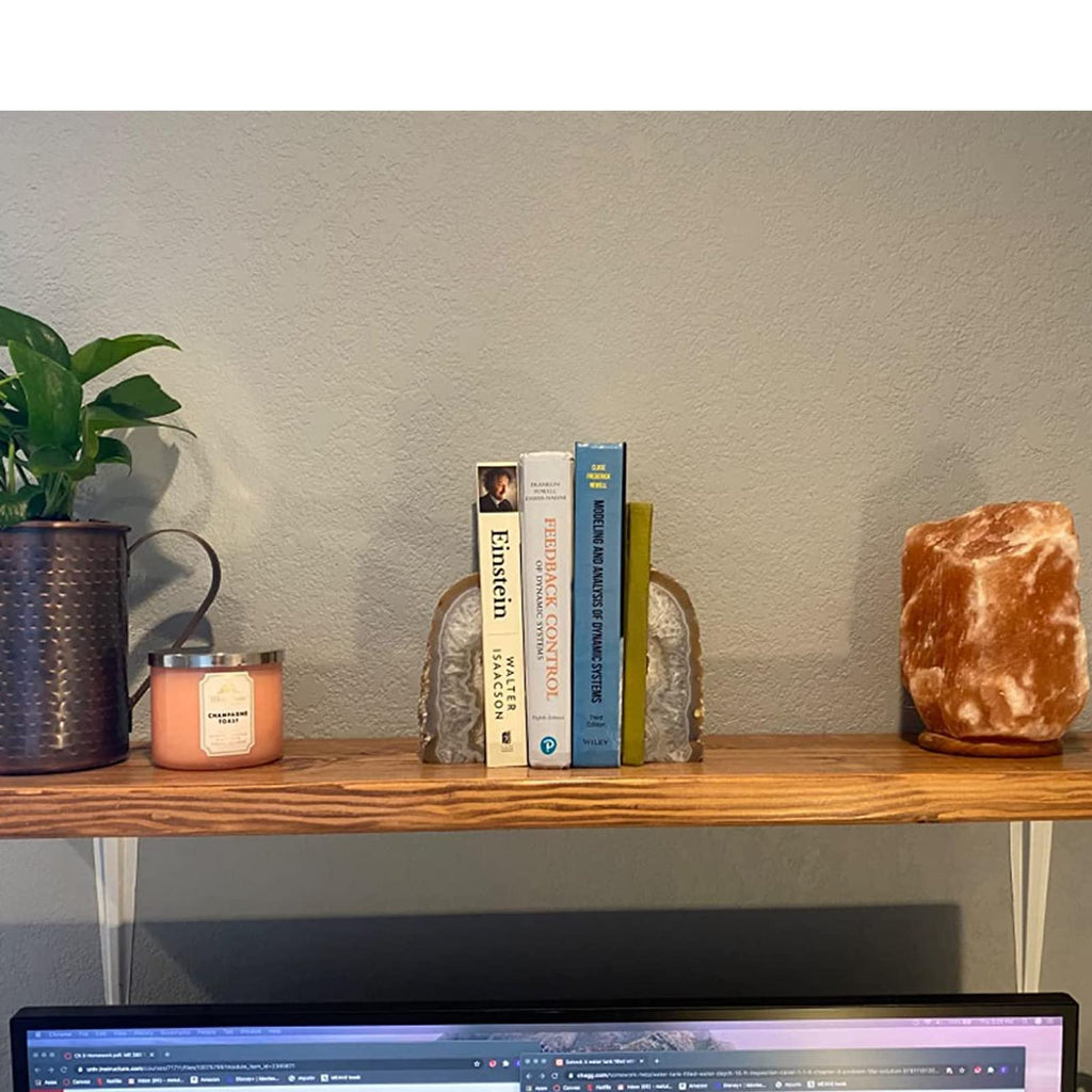 JIC Gem Black Agate Geode Bookends 2-3 Lbs Anti-Slip Rubber Pads Heavy Duty | 1Pair Natural Black Agate Crystal Decor for Shelves & Desk, Unique Small Stone Book Holder Gift for Office & Home Decoration