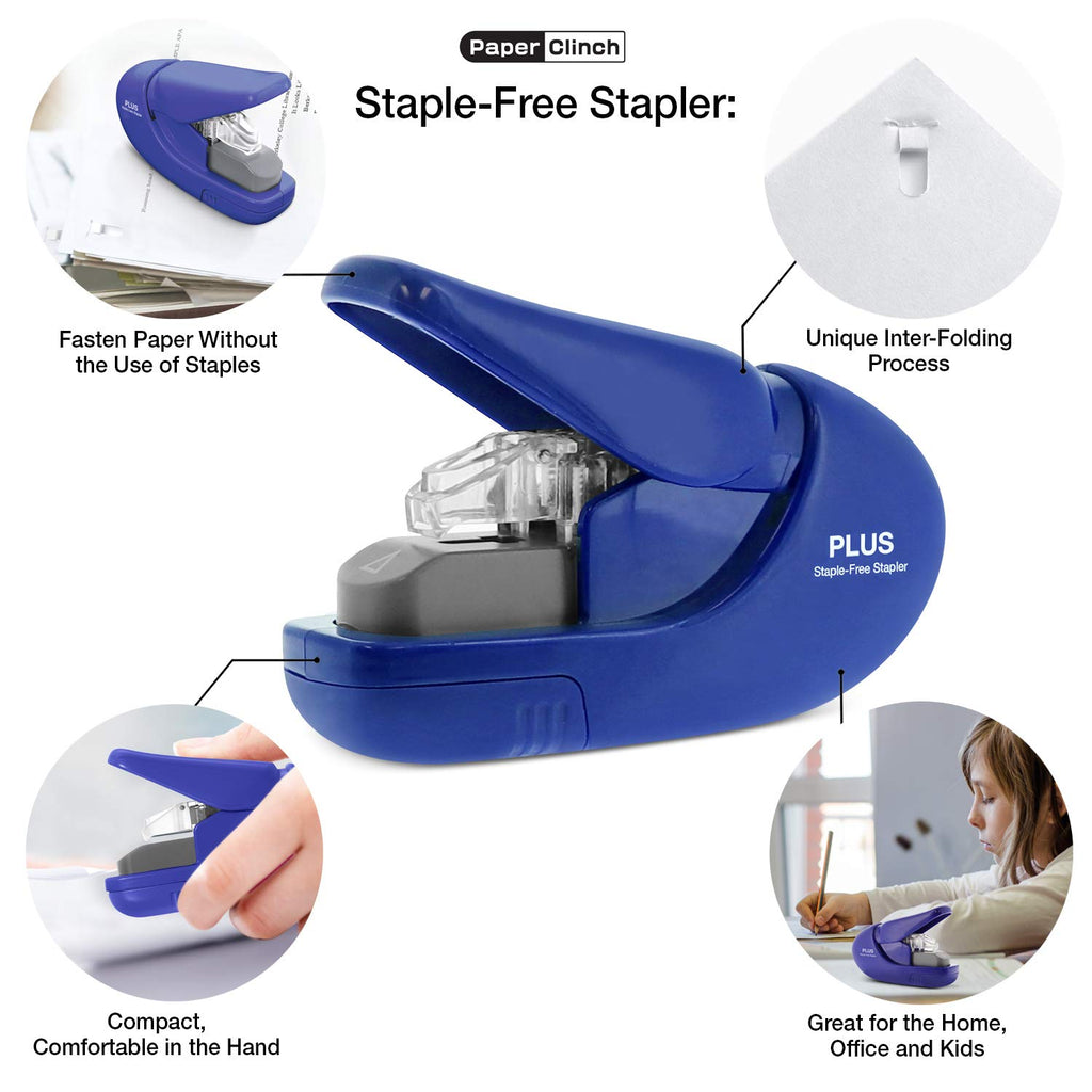 Plus Paper Clinch Compact Staple-Free Stapler, Blue Turquoise