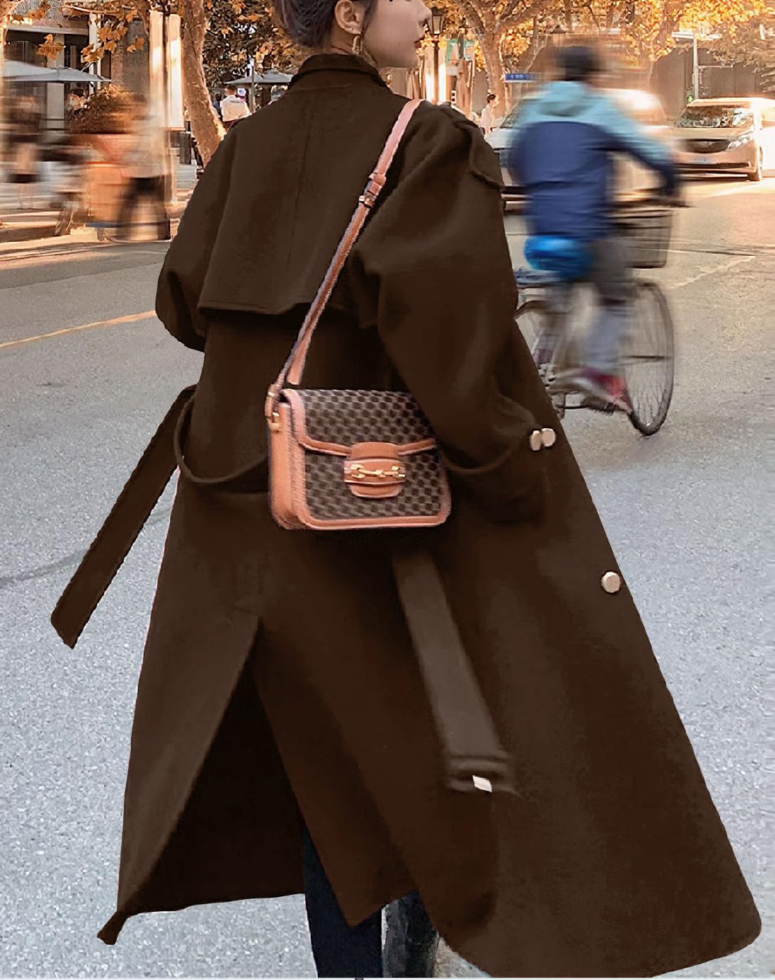chouyatou Women's Winter Double Breasted Midi Long Wool Pea Coat Notch Lapel Winter Trench Coat