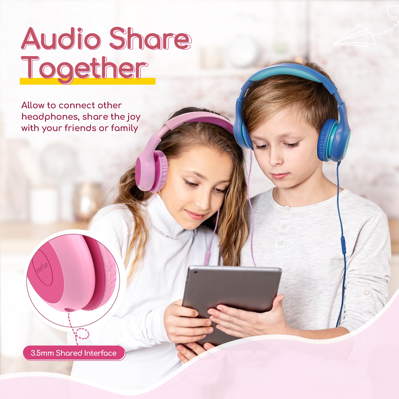EarFun K1 Kids Headphones Wired with Microphone, 85/94dB Volume Limit Headphones for Kids, Portable Wired Headphone with Shareport, Stereo Sound Foldable Headset for School/Tablet/iPad, Black Red