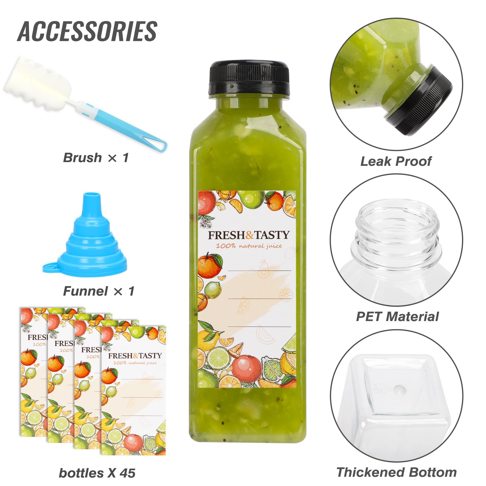 TOMNK 45pcs 2oz Plastic Shot Juice Bottles with Caps, Ginger Shot Bottles, Reusable Clear Bulk Beverage Containers for Ginger Shot, Juice, Milk, and Other Beverages