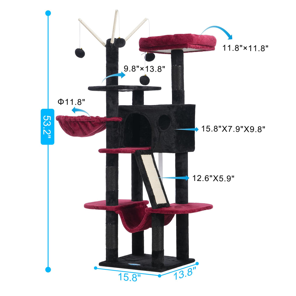 Hey-brother Cat Tree, 53 inch Cat Tower for Indoor Cats, Cat House with Padded Platform Bed, Toy Balls, Large Cozy Condo, Hammocks and Sisal Scratching Posts, Beige MPJ019-SM
