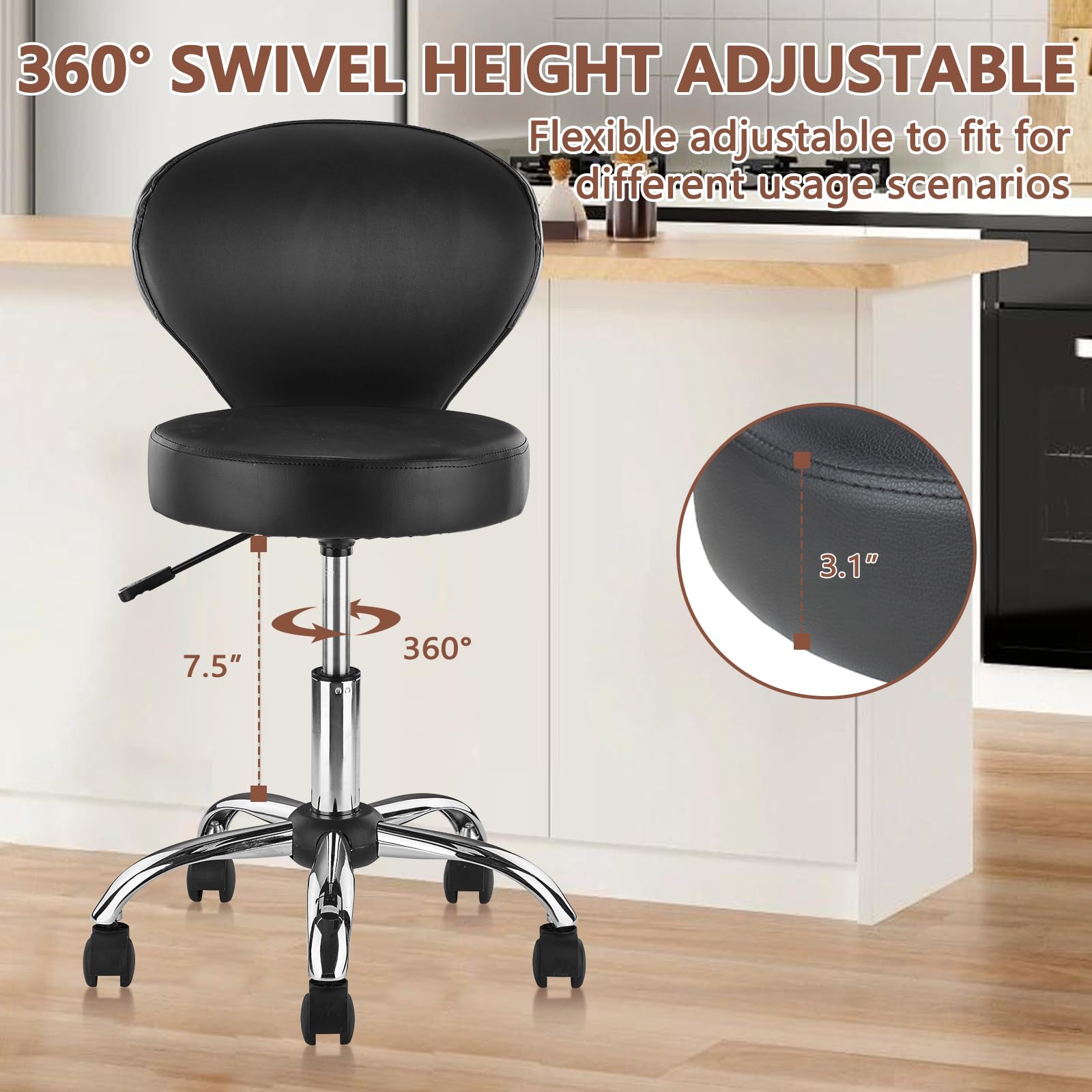 KLASIKA Leather Rolling Swivel Salon Stool Chair with Back Support Adjustable Hydraulic Seat Height 22 in for Office Massage Facial Spa Medical Drafting Tattoo Beauty Barber