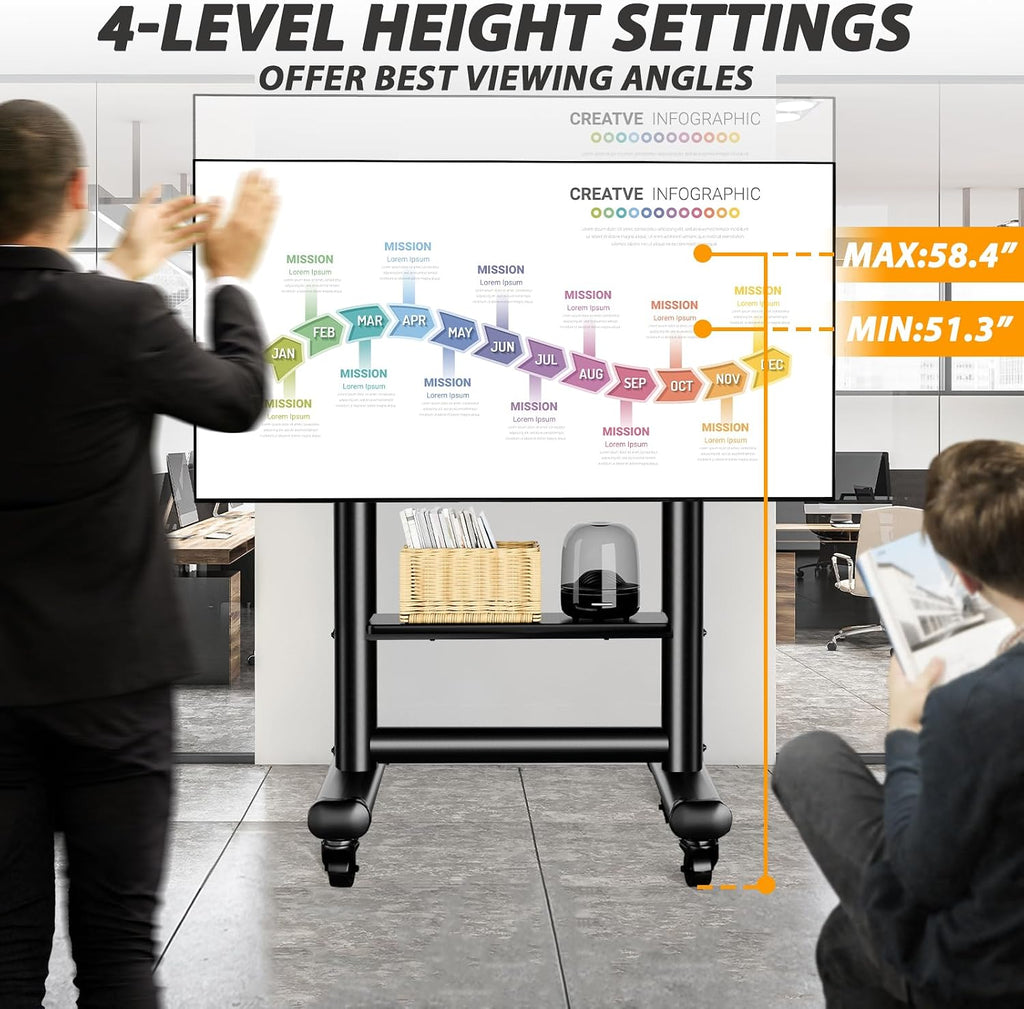 TVON Mobile TV Stand for 50-98 Inch LED LCD OLED 4K Flat/Curved Screen TV Max VESA 800x600mm, Outdoor TV Stand with Height Adjustable and Large Shelf, Floor TV Stand with Wheels Holds up to 150 Lbs