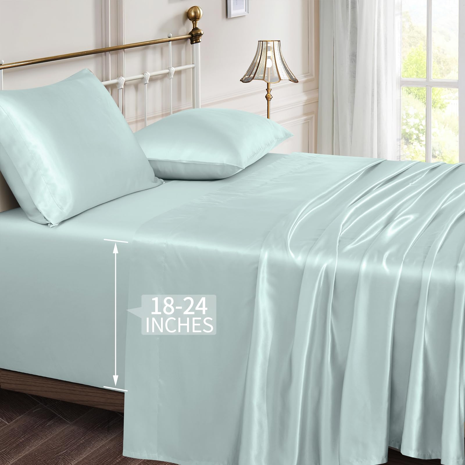 Vonty Extra Deep Pocket Full Sheet Sets - Cooling & Silky Satin Full Size Sheets with 18-24 Inch Deep Pocket, Black Satin Bed Sheets Fit Up to 24" Deep Mattress - 4 Piece Set
