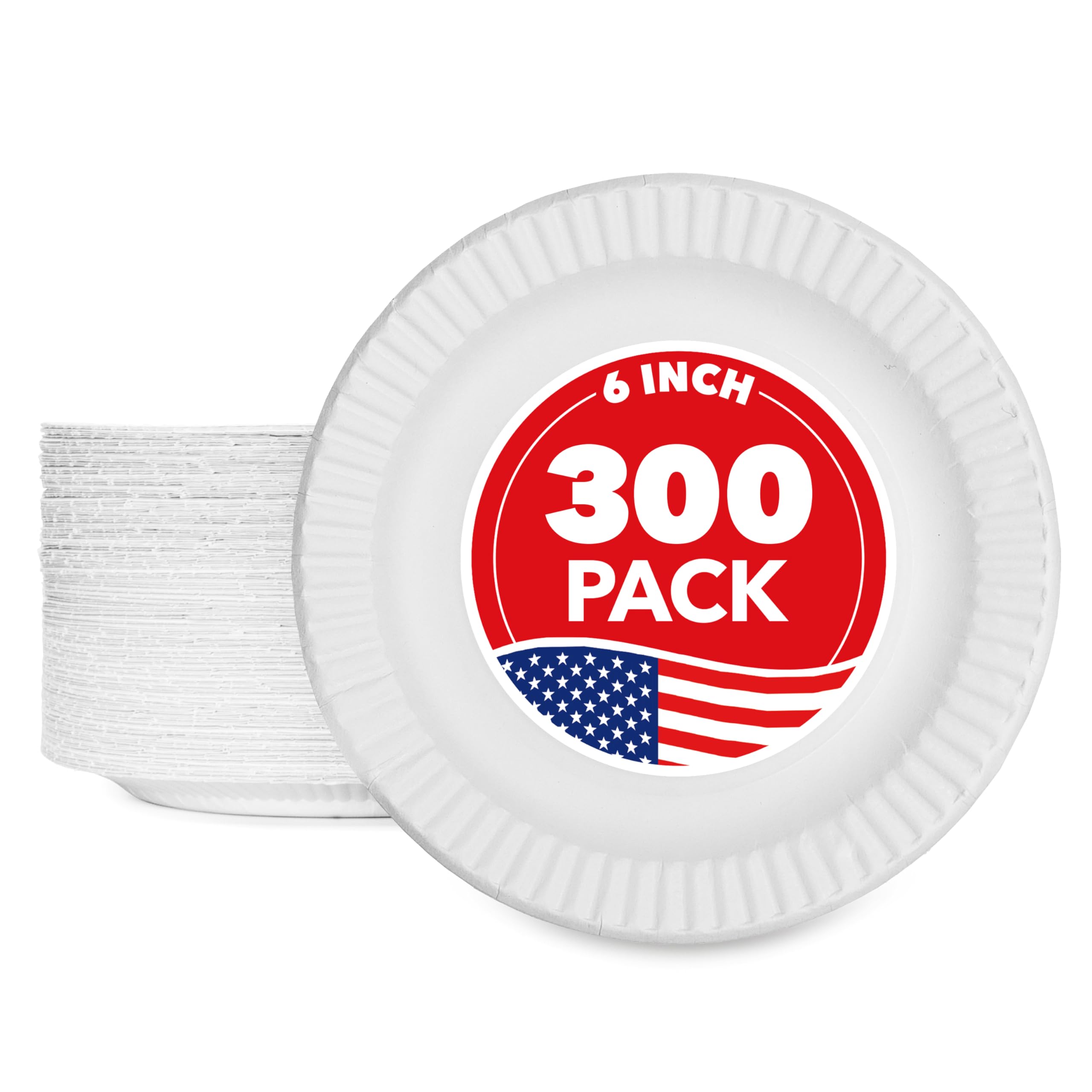 6-Inch Paper Plates Uncoated, Everyday Disposable Dessert Plates 6" Paper Plate Bulk, White, 300 Count, Stock Your Home