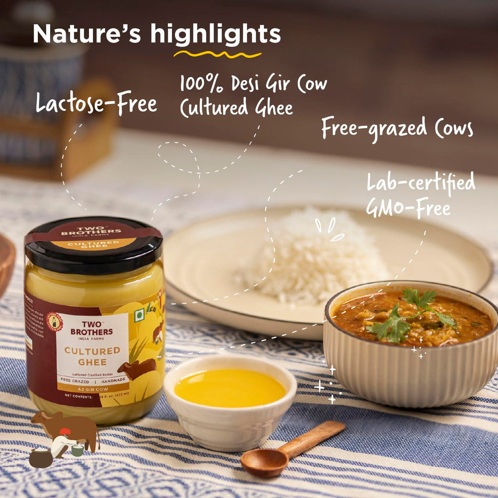 Grass Fed A2 Cultured Ghee | Gir Cow Ghee | Clarified Butter | Cultured Desi Ghee,Non-GMO, Lactose-Free, Keto Friendly - Two Brothers Organic Farms (16 fl oz (500 ml) Plastic)