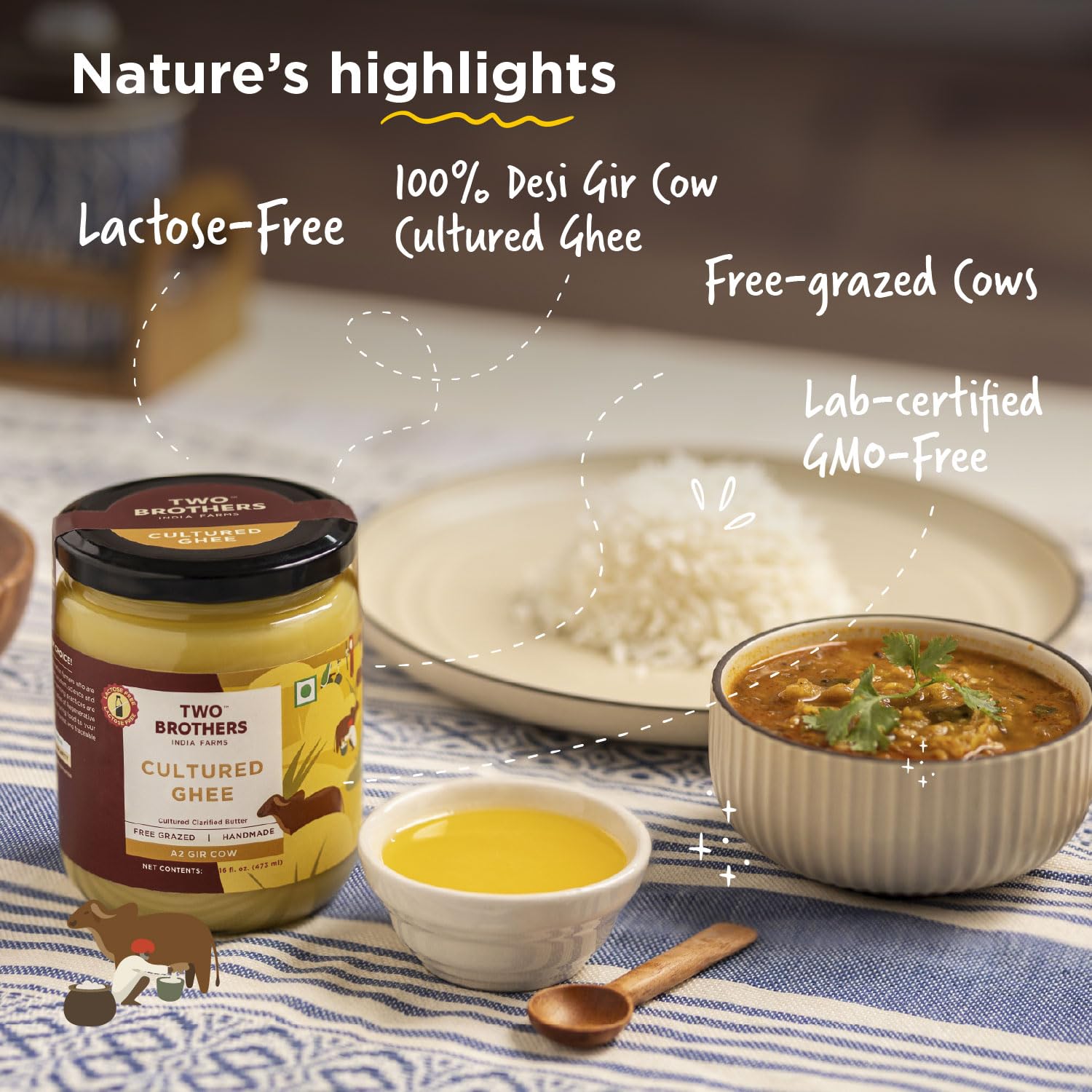 Grass Fed A2 Cultured Ghee | Gir Cow Ghee | Clarified Butter | Cultured Desi Ghee,Non-GMO, Lactose-Free, Keto Friendly - Two Brothers Organic Farms (16 fl oz (500 ml) Plastic)