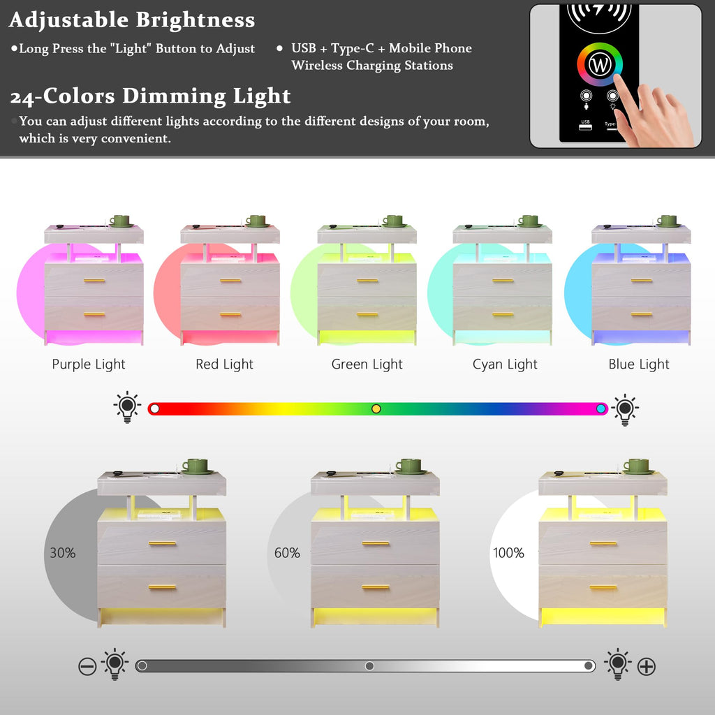 HNEBC LED Nightstand with Charging Station,Smart Bedside Table with Motion Sensor Lights,3 Drawers,Tempered Glass Top,High Gloss End Table with 3 Color Lights for Bedroom, Living Room,Office-Black