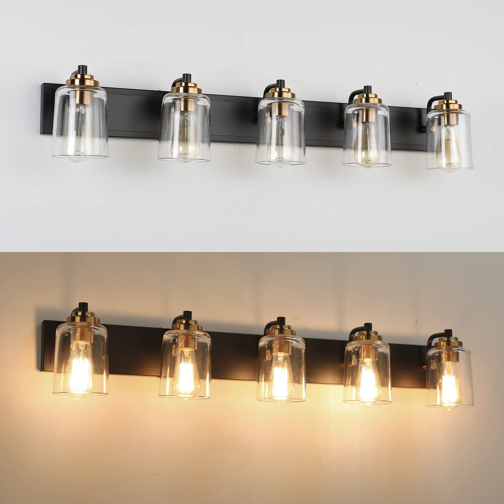 SOLFART 20.1 Inch Black Vintage Bathroom Vanity Light Fixtures Fixtures with Modern Glass Globe Shade Metal Brass Wall Lamp 2 Lights