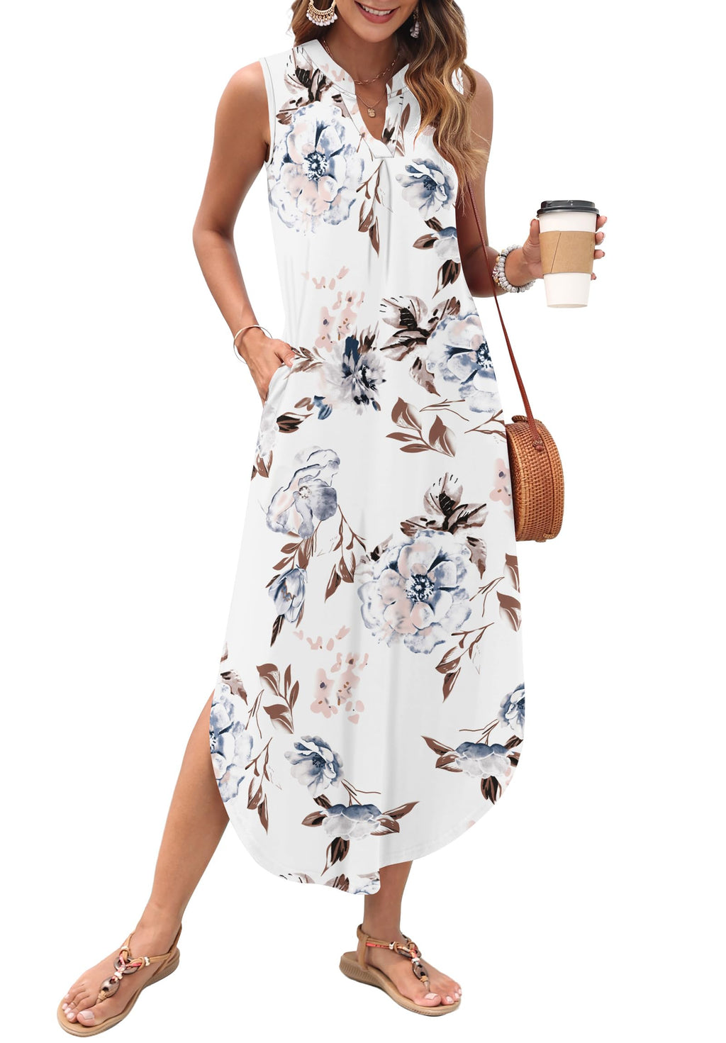 AUSELILY Womens Summer Casual Maxi Dresses 2026 Sleeveless Long Beach Dresses V Neck Loose Sundresses with Side Split Pockets