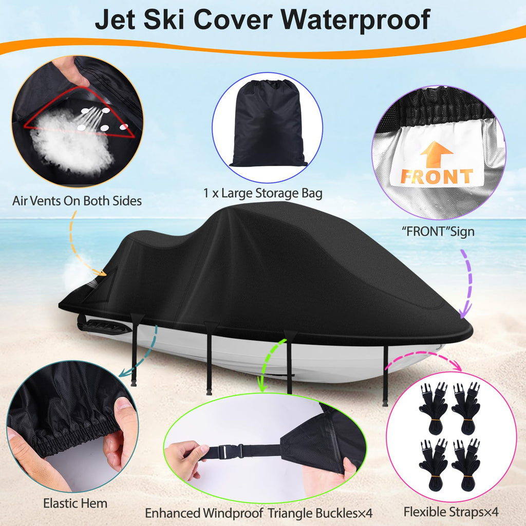 Jet Ski Cover,Heavy Duty 900D Oxford Jetski Cover 2 3 Seater with 2 Air Vents，4 Windproof Buckles，Easy On，Jetski Cover Waterproof for Seadoo Spark,Yamaha,All Weather Protection(Black, XL:115"-120")