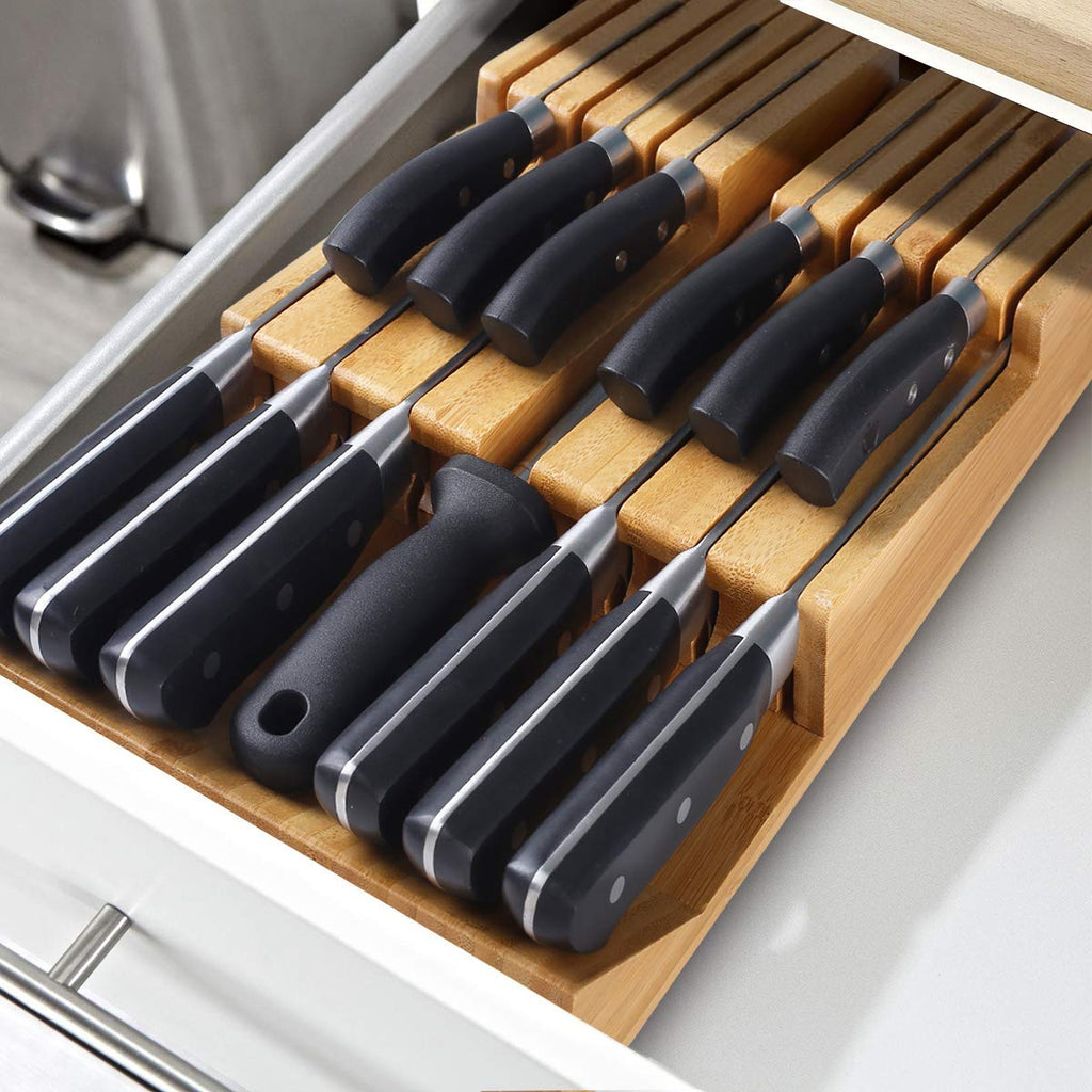 NIUXX Bamboo In-Drawer Knife Block Set for 9 Knives(Not Included), Large Kitchen Detachable Washable Cutlery Slot Organizer Storage Holder for Sharpening Steel and Cutter