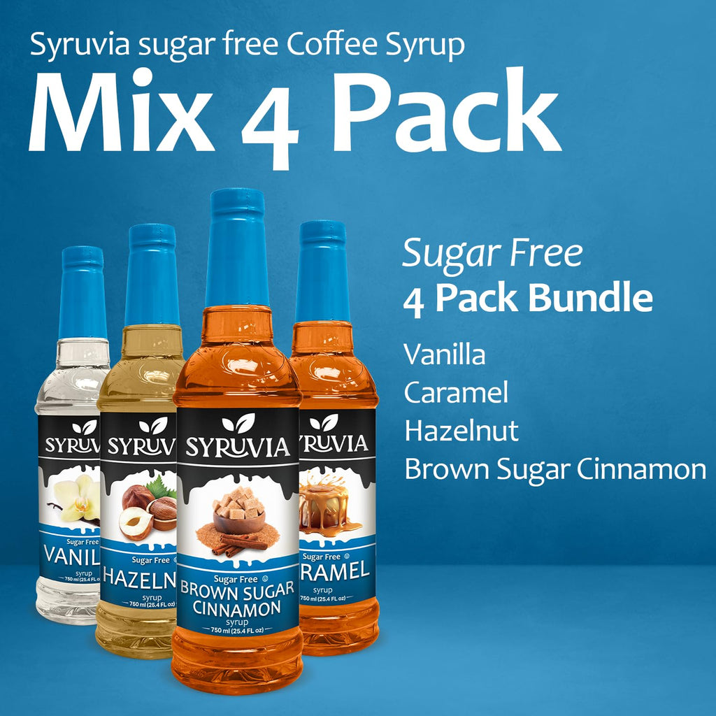 Syruvia Sugar Free Coffee Syrup Variety Pack: Vanilla, Caramel, Hazelnut, and Brown Sugar Cinnamon - Gluten-Free, Kosher, 25.4 fl oz Bottles - Enhance Your Coffee Experience,