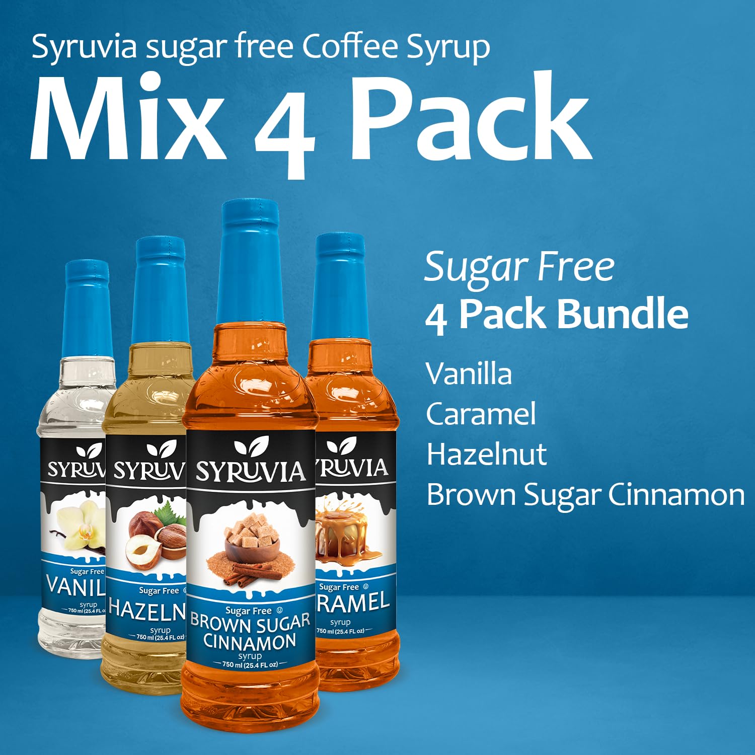 Syruvia Sugar Free Coffee Syrup Variety Pack: Vanilla, Caramel, Hazelnut, and Brown Sugar Cinnamon - Gluten-Free, Kosher, 25.4 fl oz Bottles - Enhance Your Coffee Experience,