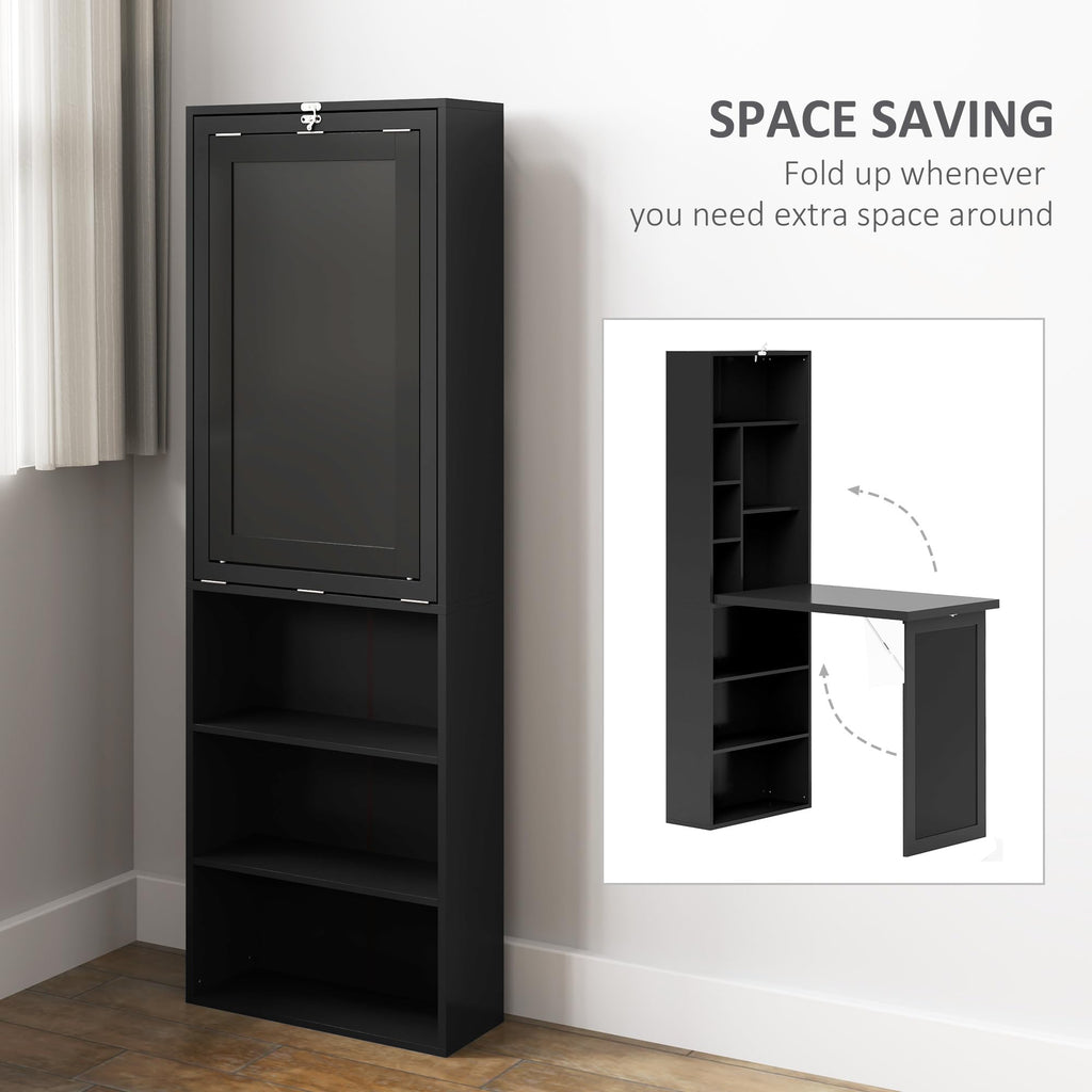 HOMCOM Foldable Convertible Writing Table, Wall Mounted Space-Saving Computer Desk with Chalkboard and Storage Shelves for Small Spaces, Home Office, Bedroom, Dorm, Apartment, Black