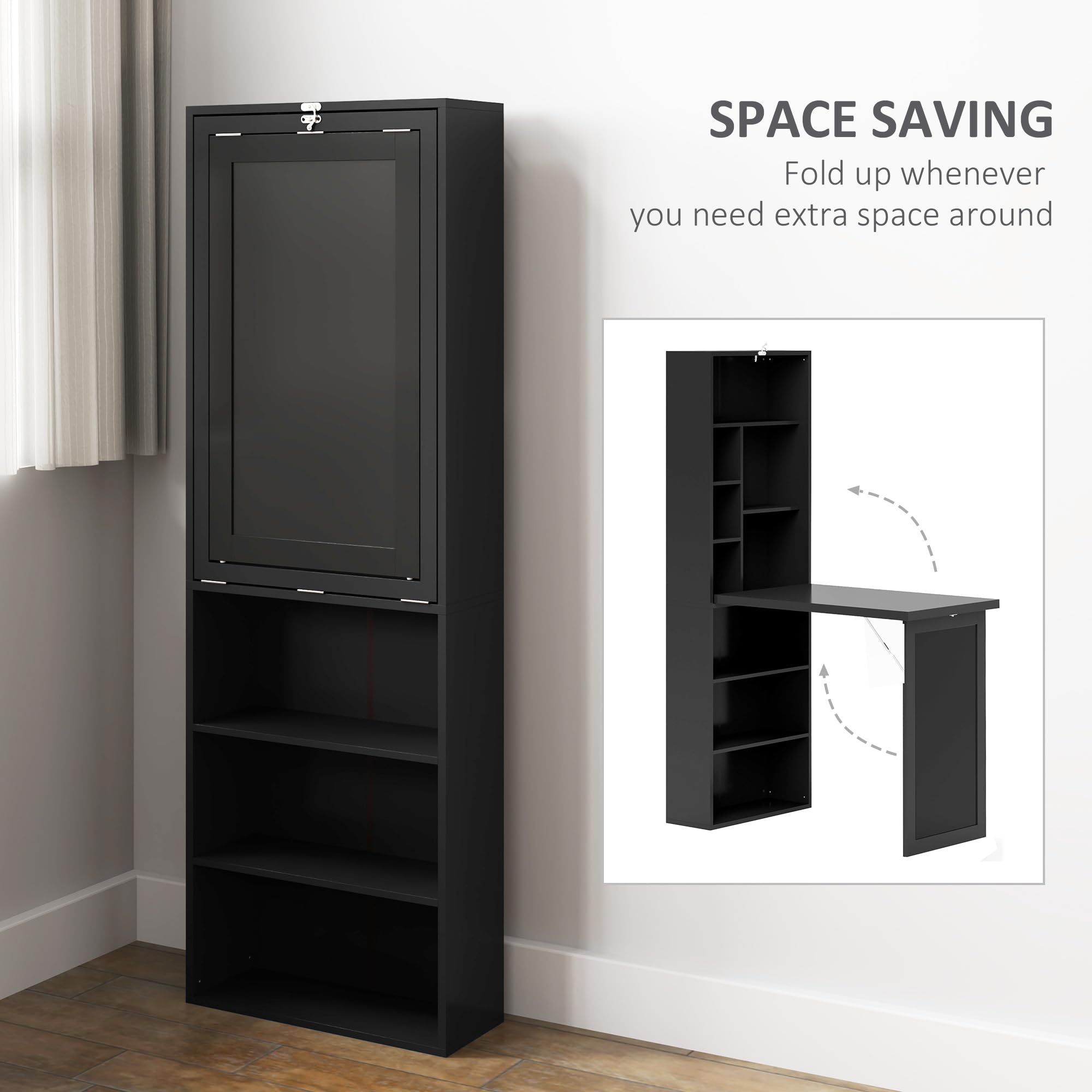HOMCOM Foldable Convertible Writing Table, Wall Mounted Space-Saving Computer Desk with Chalkboard and Storage Shelves for Small Spaces, Home Office, Bedroom, Dorm, Apartment, Black