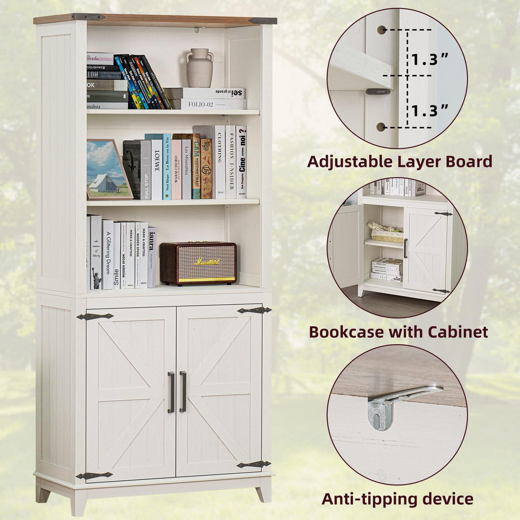 Joaxswe 70in Tall Bookshelf 5 Tier Bookcase with Barn Doors and Adjustable Shelves, Black Farmhouse Book Shelf with Storage Cabinet, Wood Freestanding Display Bookshelves for Bedroom, Living Room