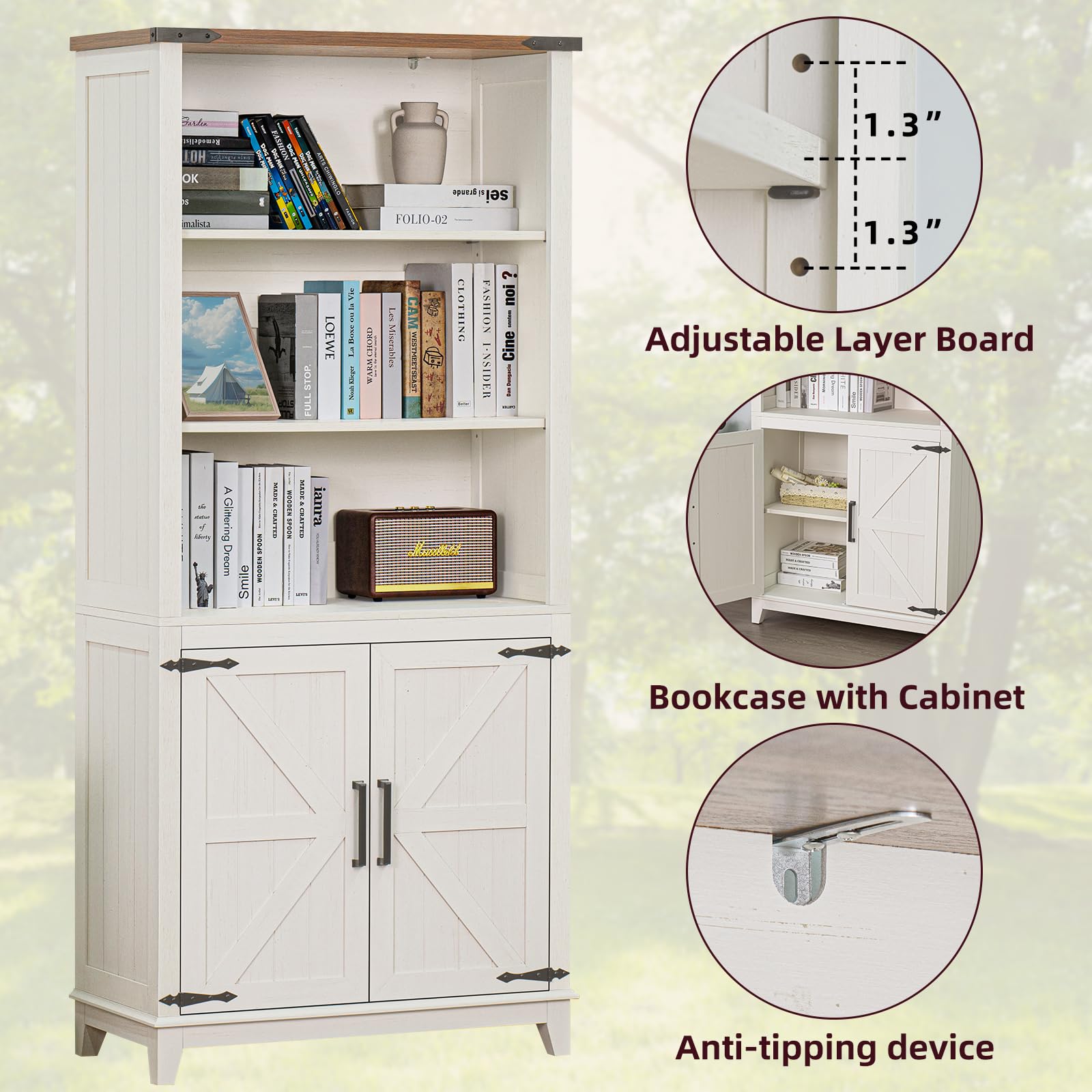 Joaxswe 70in Tall Bookshelf 5 Tier Bookcase with Barn Doors and Adjustable Shelves, Black Farmhouse Book Shelf with Storage Cabinet, Wood Freestanding Display Bookshelves for Bedroom, Living Room
