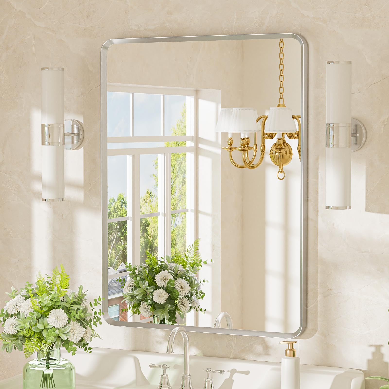 22x30 inch Gold Bathroom Mirror,Rounded Rectangle Gold Metal Framed, HD Tempered Glass, Horizontal or Vertical Hanging, Modern Bathroom Decor