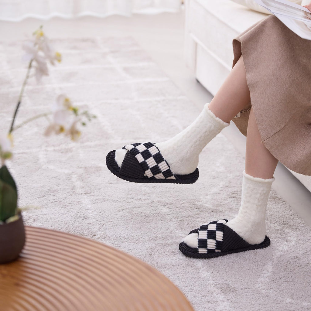 GOEWY Slippers for Women Memory Foam House Bedroom Corduroy Crossbands Open Toe Slides Sandals Shoes Comfy Trendy Gift for womens Anti-Skid sole