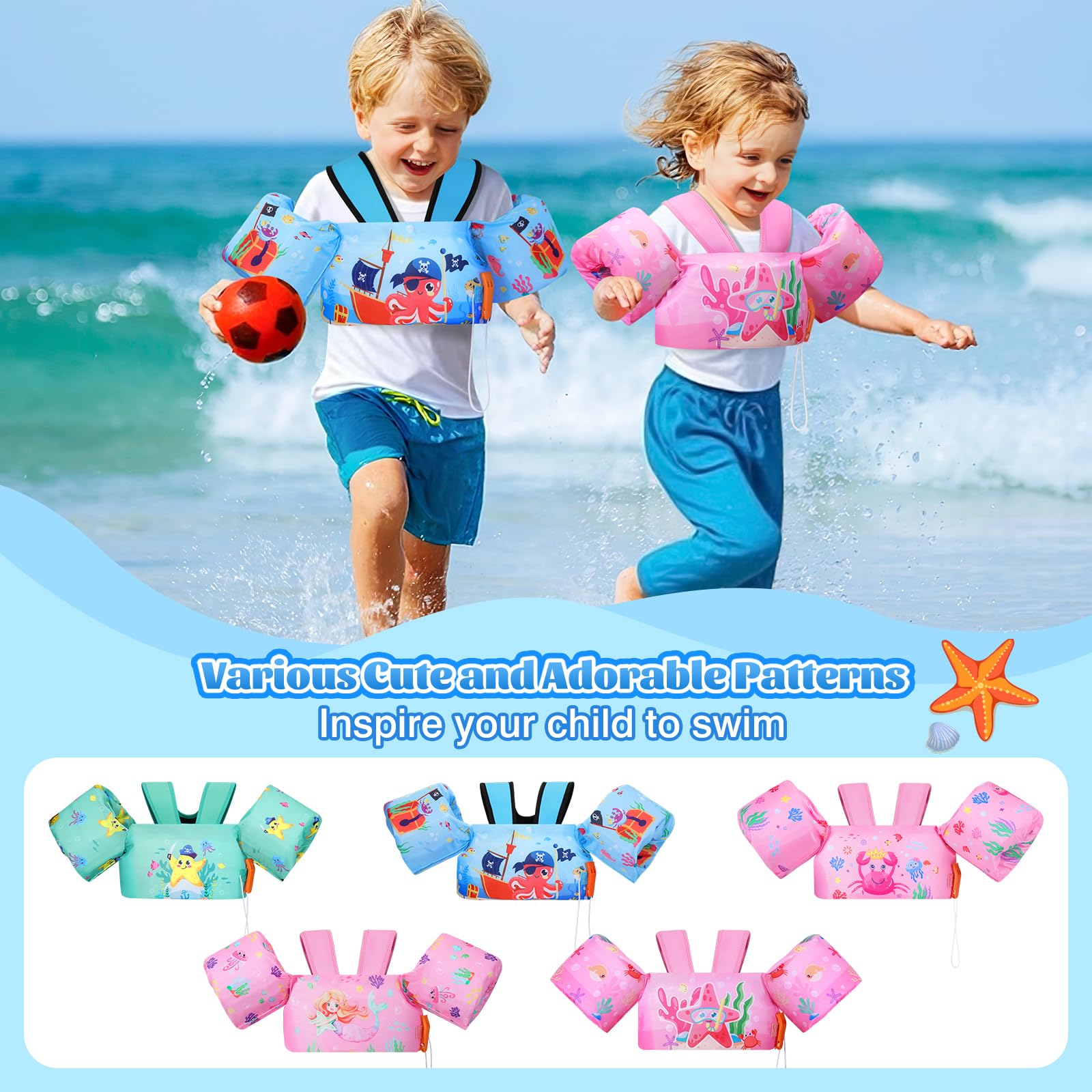 Moko Swim Arm Band for Kids 20-30-50 lbs, Cute Cartoon Toddler Swim Vest, Swimming Water Wings Pool Floaties Sleeve for Children Learn to Swim