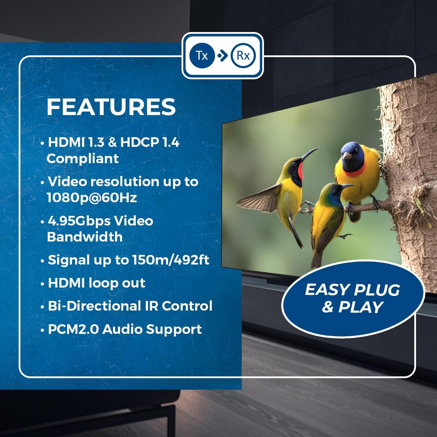 OREI HDMI Extender Over CAT6/CAT7 165ft, 1080p@60Hz HDMI Over Ethernet with Bi-Directional IR, HDMI Loop Out, PoC, Plug-and-Play for TV, Projector, Gaming & AV Setup (EX-165C)
