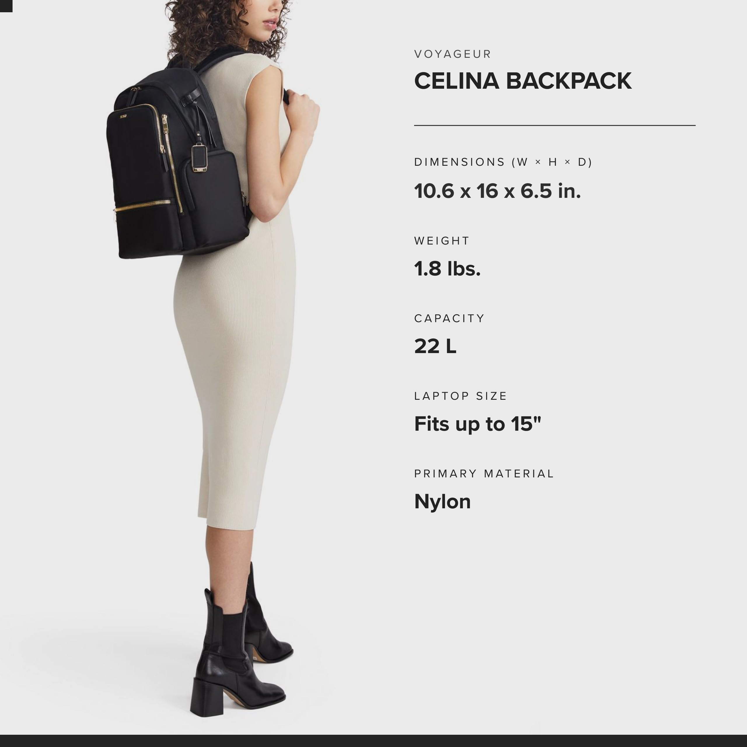 TUMI - Voyageur Celina Backpack - Women's Work and Travel Bag - 16.0" X 10.6" X 6.5" - Holds Up to 16" Laptop - Black & Gold Hardware