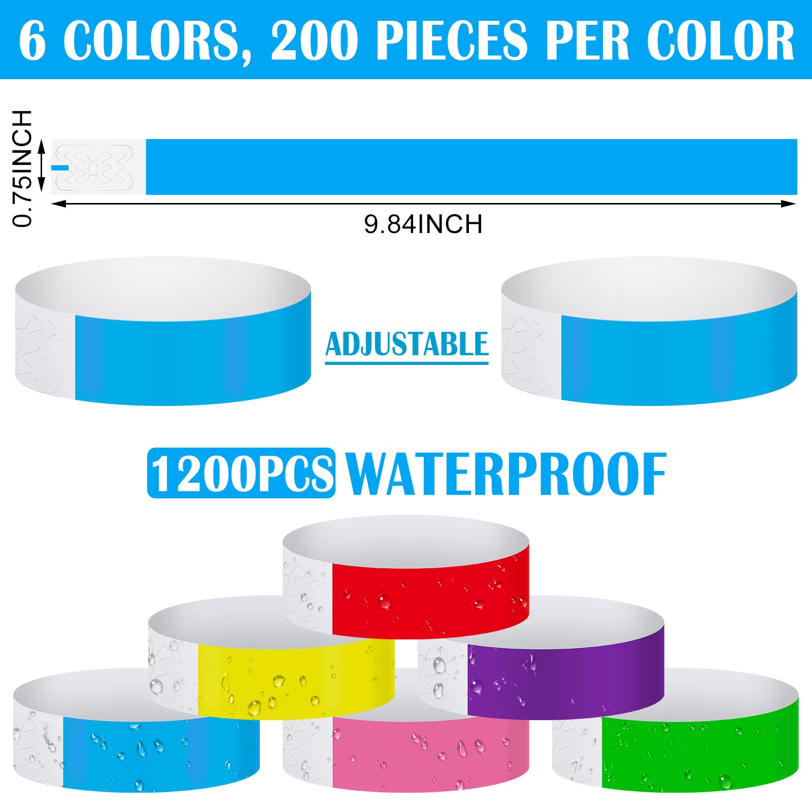 Tudomro 1200 Pack Plastic Paper Wristbands for Events Neon Party Wrist Bands Colored Waterproof Concert Identification Hand Bands Lightweight Adhesive Wristband(Blue)
