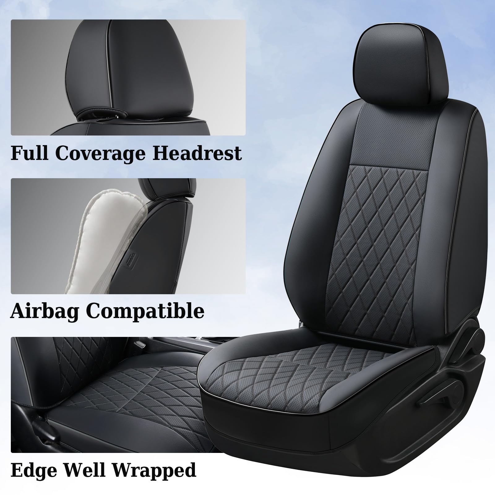 Coverado Tacoma Seat Covers, Car Seat Covers Front Seats, Leather Seat Covers for Cars Car Seat Protector Cushion Tacoma Accessories Custom Fit 2005-2023 Toyota Tacoma Double/Crew Cab(Black)