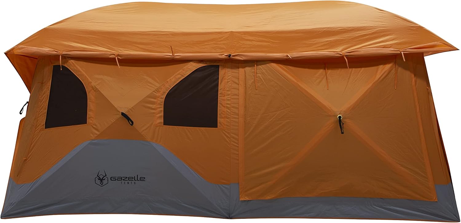 Gazelle T4 Plus Extra Large 4 to 8 Person Portable Pop Up Outdoor Shelter Camping Hub Tent with Rain Fly & Extended Screened in Sun Room, Orange