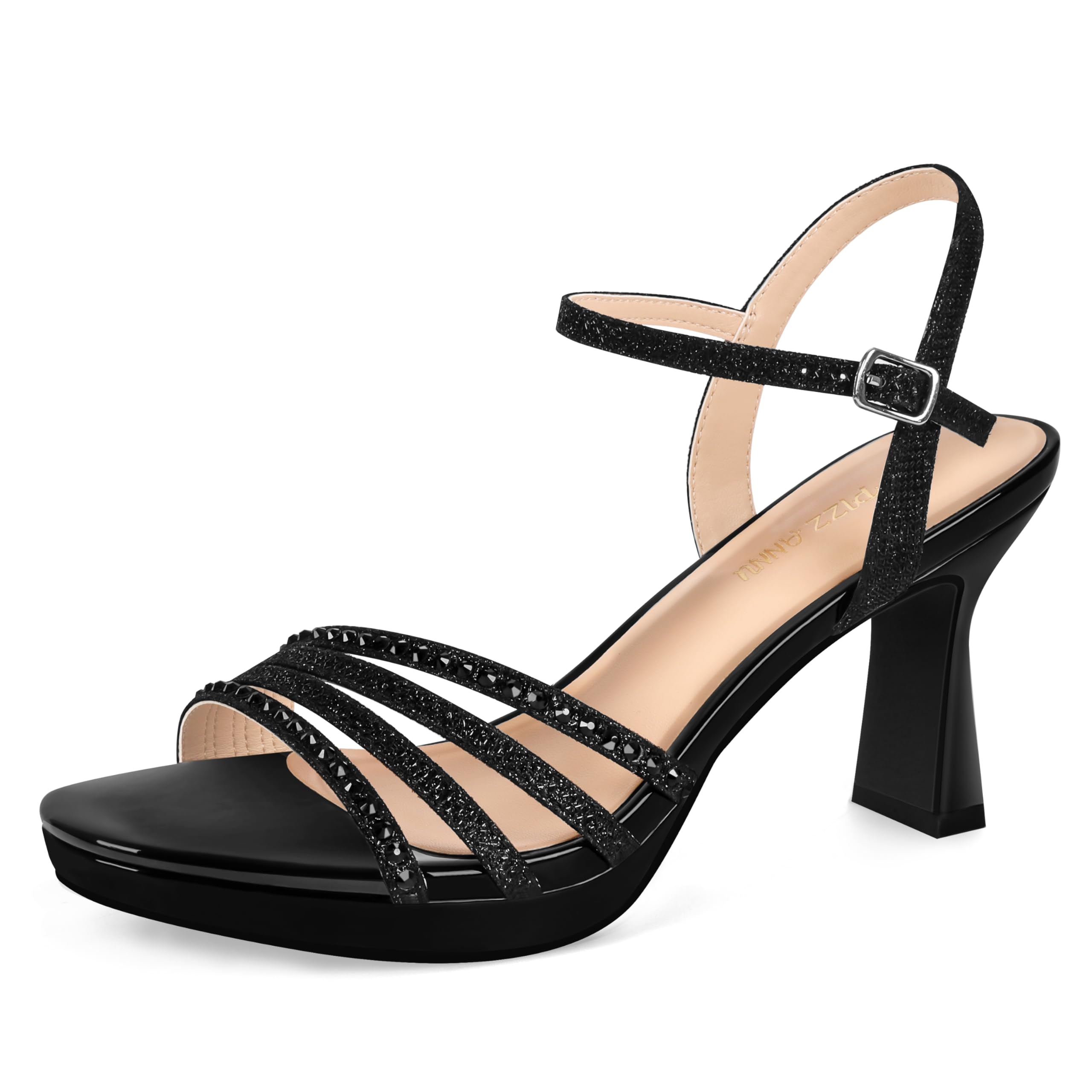 PIZZ ANNU Lena Women's Platform Heels High Block Chunky Sparkly Rhinestone Open Toe Ankle Strap Fashion Dress Pump Sandals Shoes for Party Wedding
