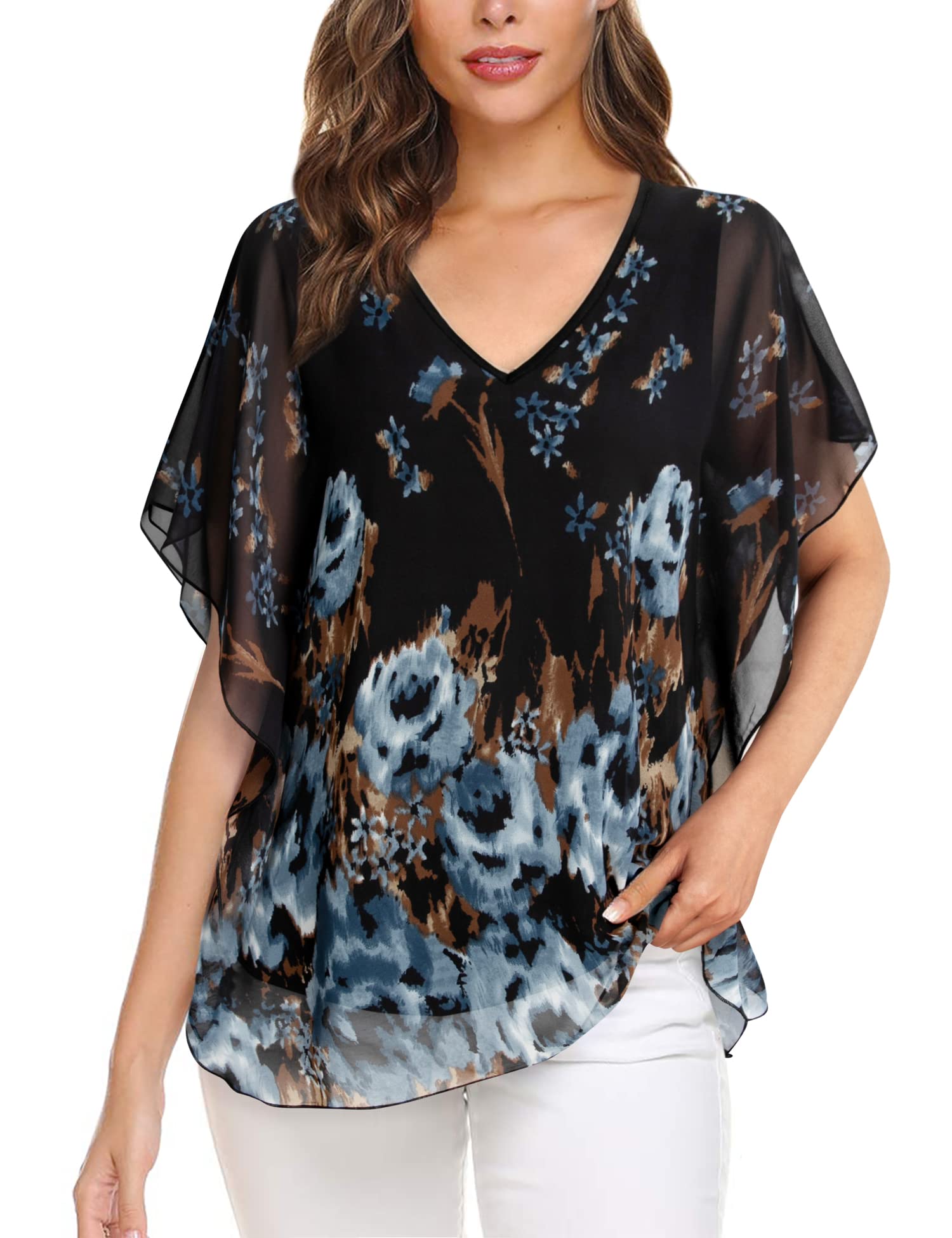 Lotusmile Women's Loose Flouncing Flutter Sleeve Double-Layered Shirt Chiffon Elegant Dressy Blouse Work Tops