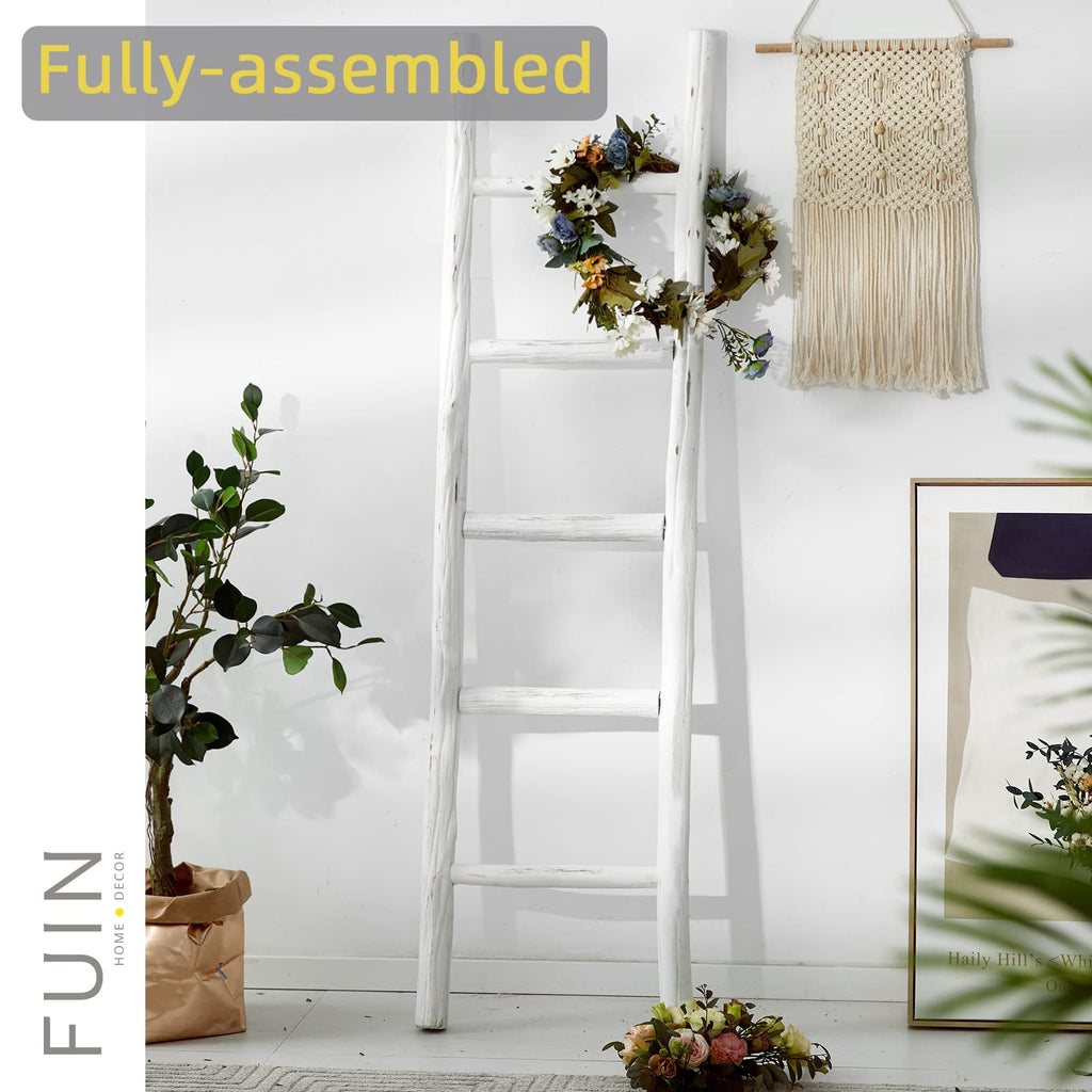 FUIN 57in Wood Blanket Ladder Living Room Decorative Wall Leaning Farmhouse Quilt Display Holder Rustic Wooden Towel Rack for Bathroom, Black