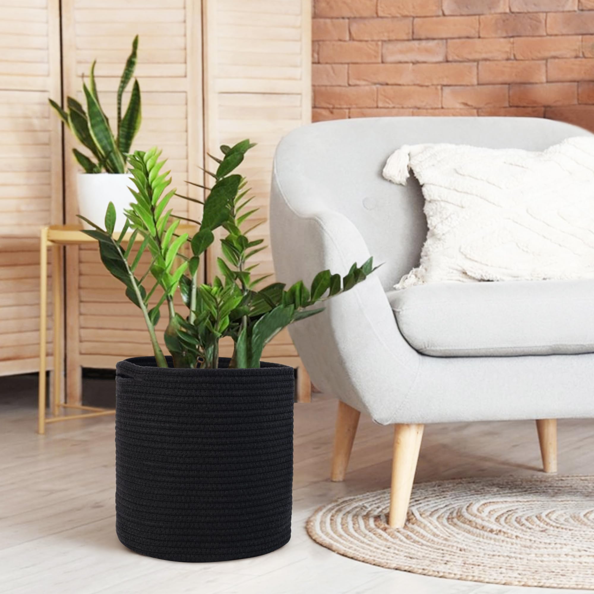 MEGASKET Cotton Rope Plant Basket, Woven Basket Planter for 10 inch Pot, Round Indoor Tree Pot Cover, Small Storage Bin Organizer, Modern Bins for Plants and Home Decor, 11”X11”, Black