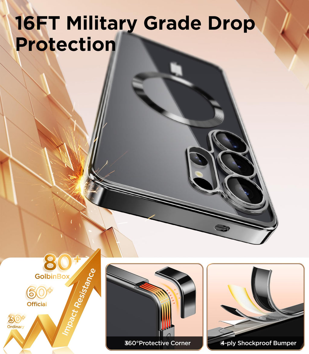 Magnetic Case Compatible with Samsung Galaxy S25 Ultra,Compatible with MagSafe,[Full Camera Protection][Screen Protector] Shockproof Plating Clear Phone Cover for Galaxy S25 Ultra(Black/Clear)